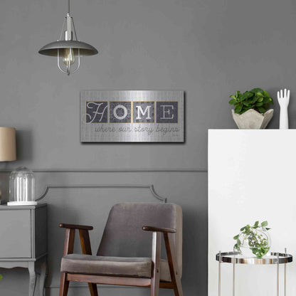 Luxe Metal Art 'Home Where Our Story Begins in Gray' by Marla Rae, Metal Wall Art,24x12