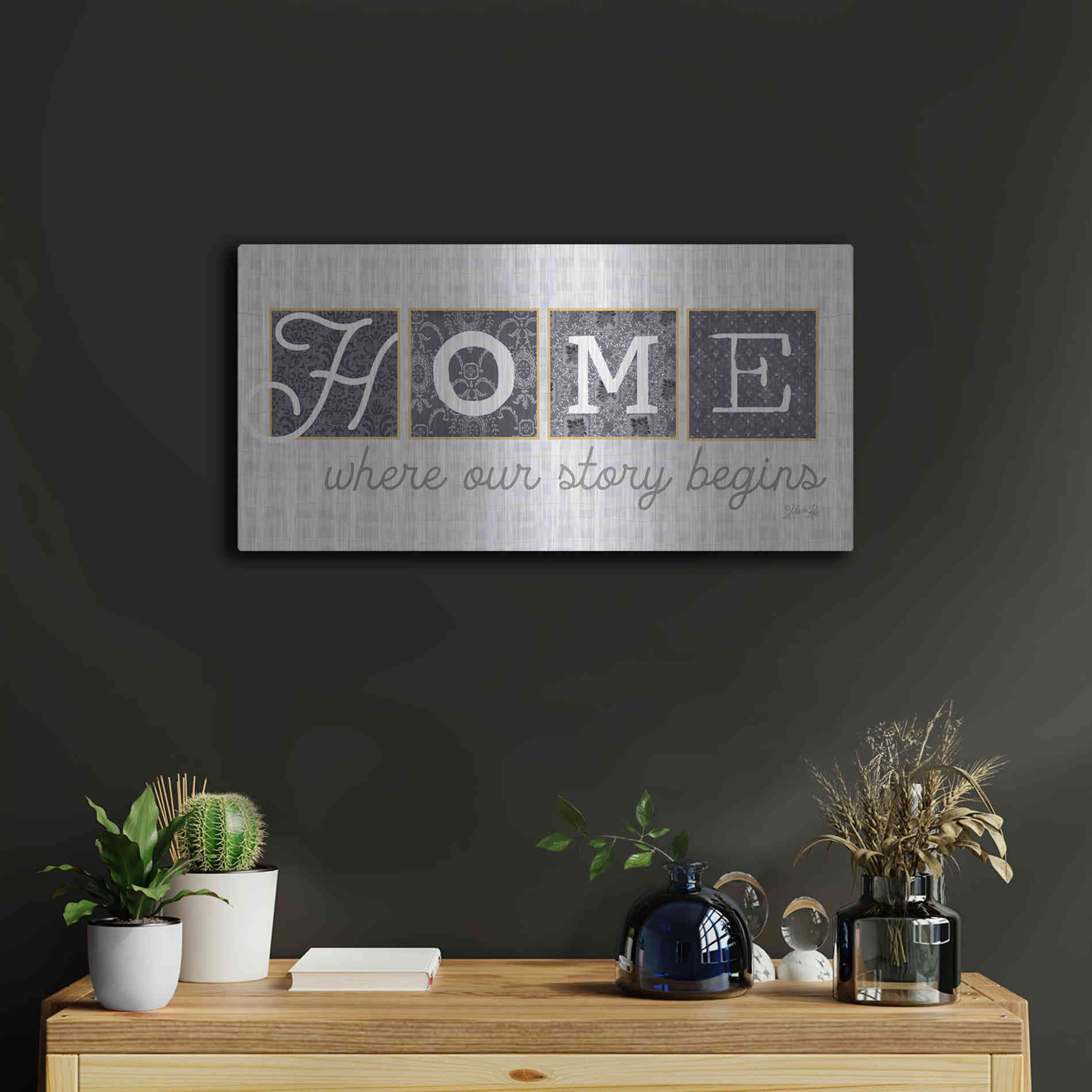 Luxe Metal Art 'Home Where Our Story Begins in Gray' by Marla Rae, Metal Wall Art,24x12