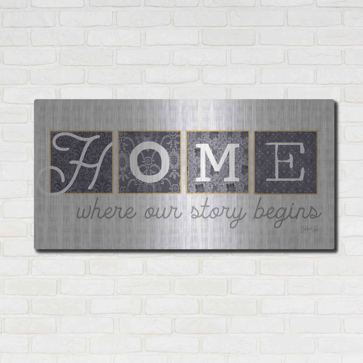 Luxe Metal Art 'Home Where Our Story Begins in Gray' by Marla Rae, Metal Wall Art,48x24