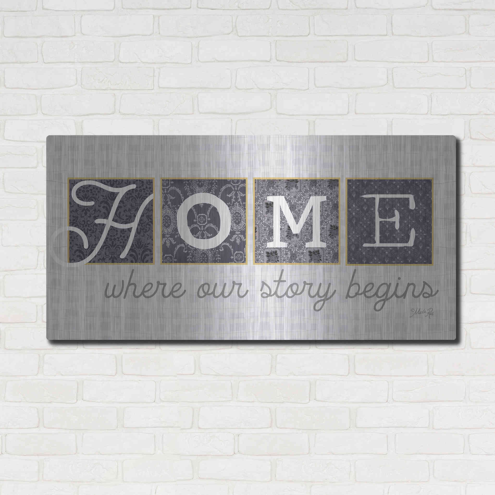 Luxe Metal Art 'Home Where Our Story Begins in Gray' by Marla Rae, Metal Wall Art,48x24