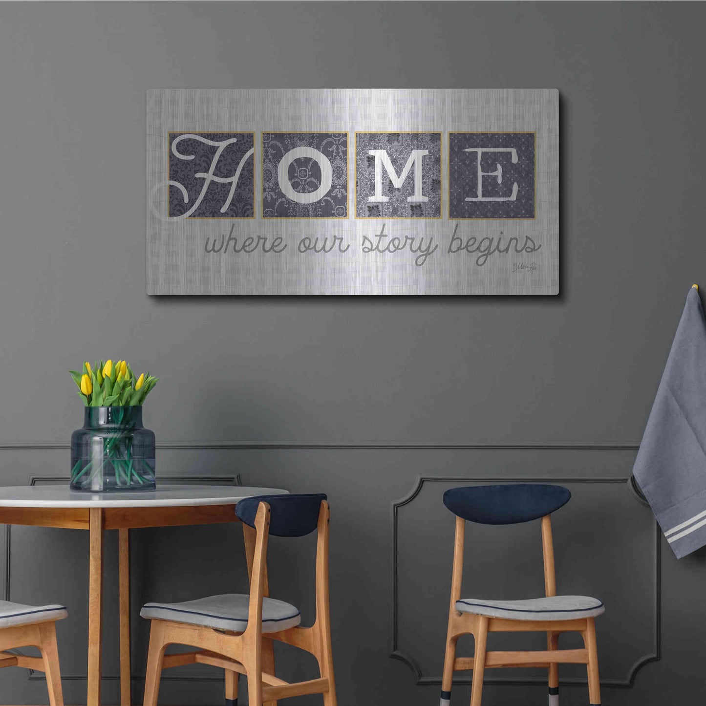 Luxe Metal Art 'Home Where Our Story Begins in Gray' by Marla Rae, Metal Wall Art,48x24
