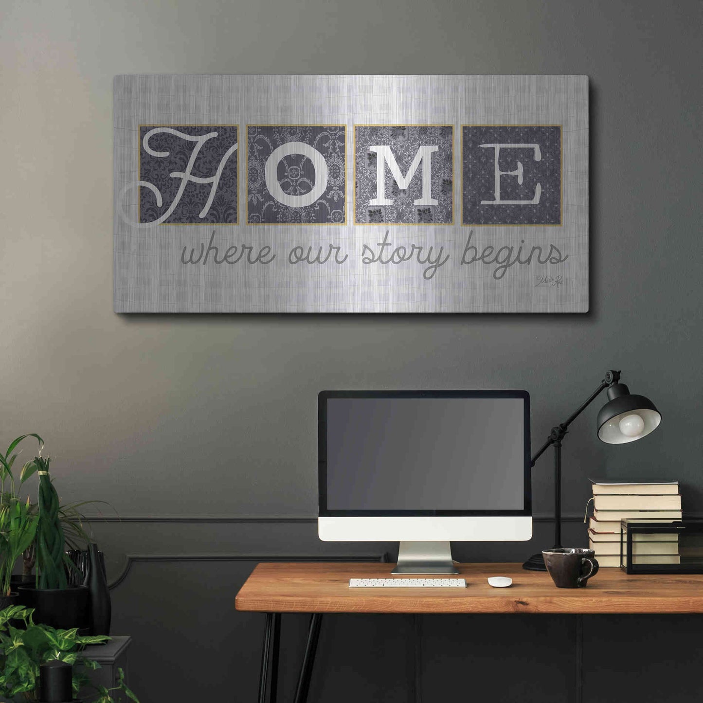 Luxe Metal Art 'Home Where Our Story Begins in Gray' by Marla Rae, Metal Wall Art,48x24