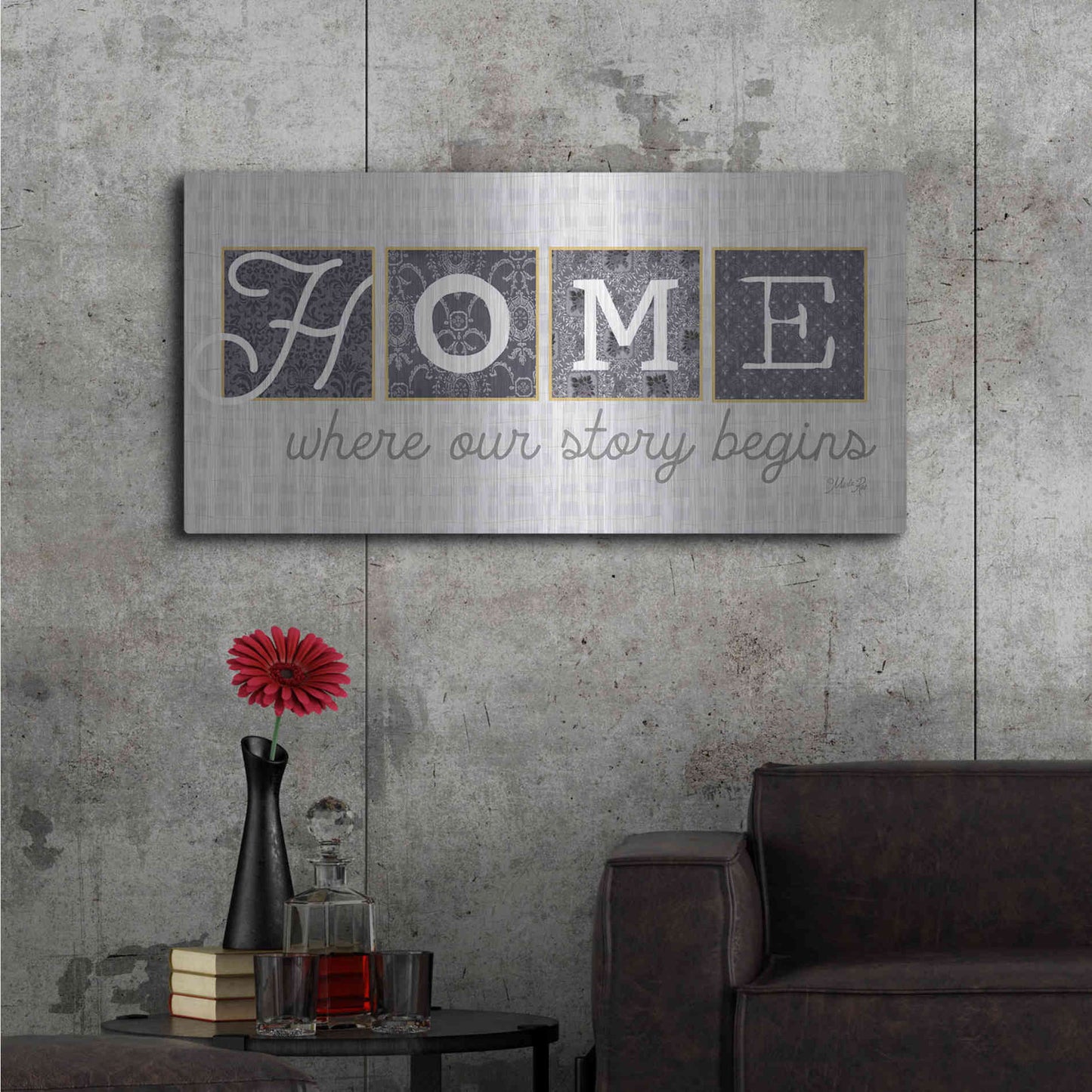Luxe Metal Art 'Home Where Our Story Begins in Gray' by Marla Rae, Metal Wall Art,48x24