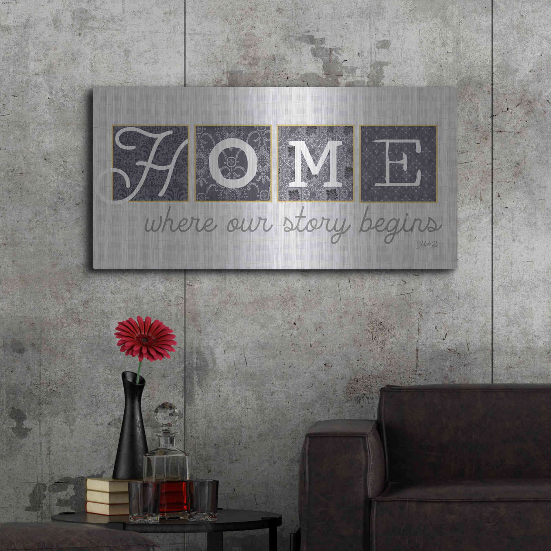 Luxe Metal Art 'Home Where Our Story Begins in Gray' by Marla Rae, Metal Wall Art,48x24