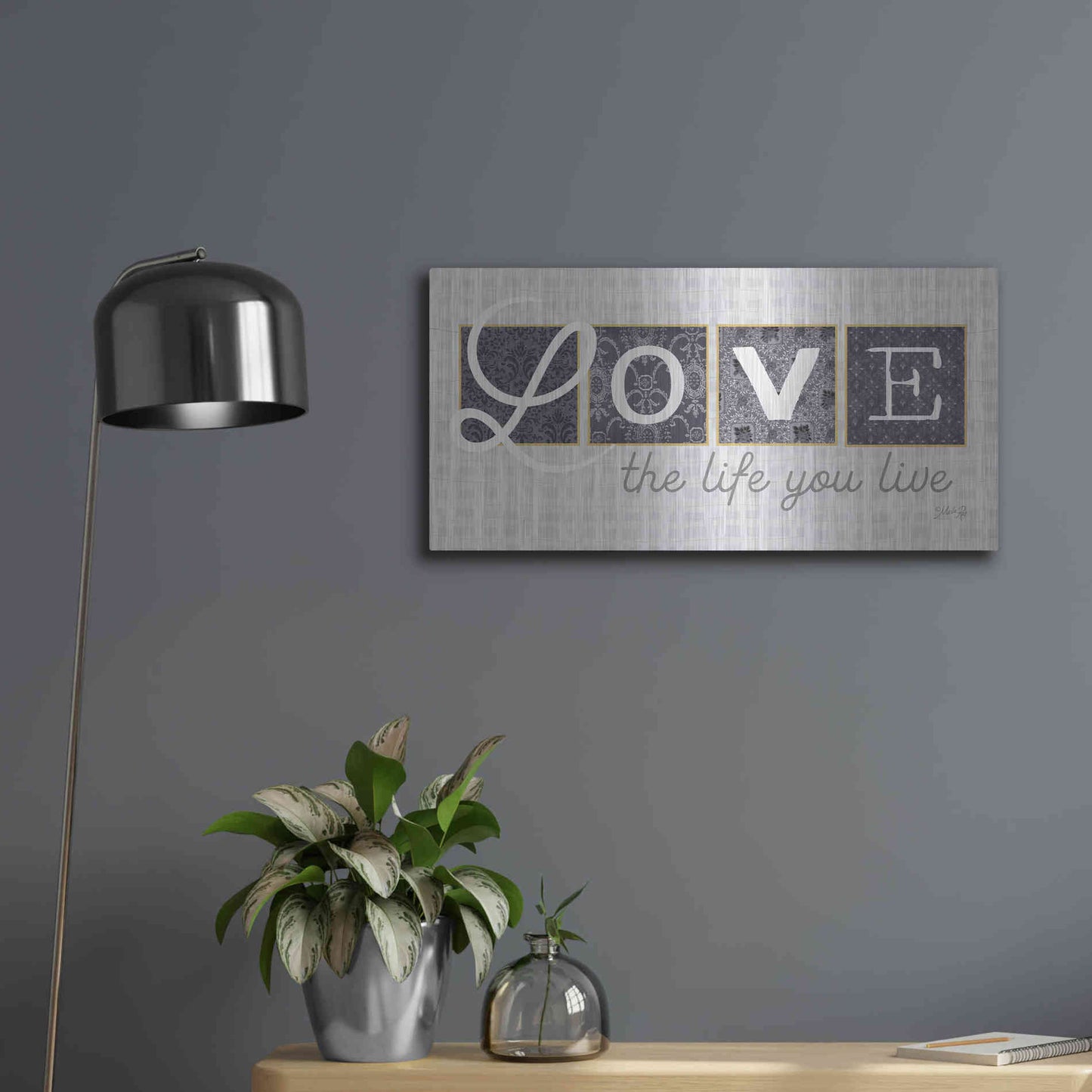 Luxe Metal Art 'Love the Life You Live in Gray' by Marla Rae, Metal Wall Art,24x12