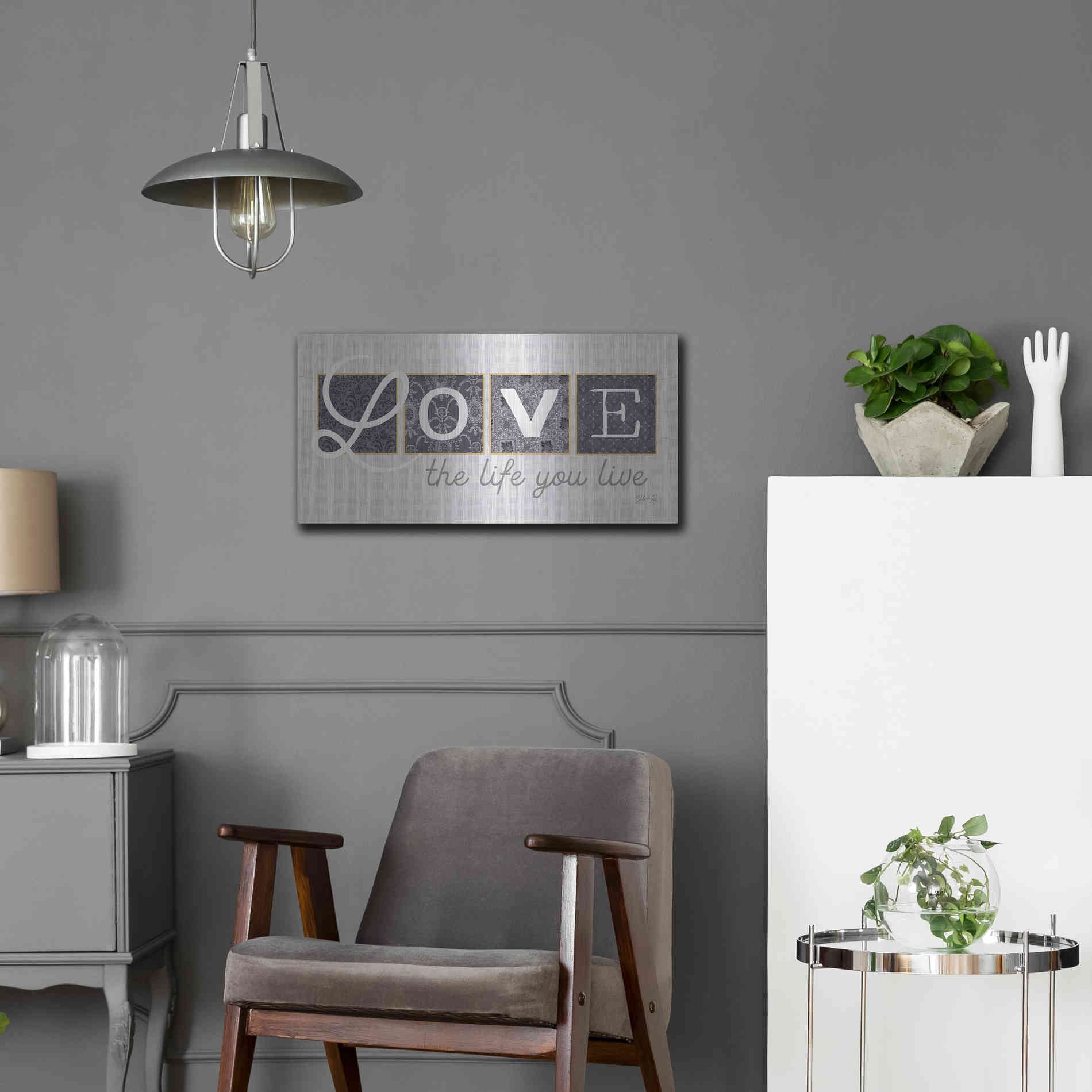 Luxe Metal Art 'Love the Life You Live in Gray' by Marla Rae, Metal Wall Art,24x12