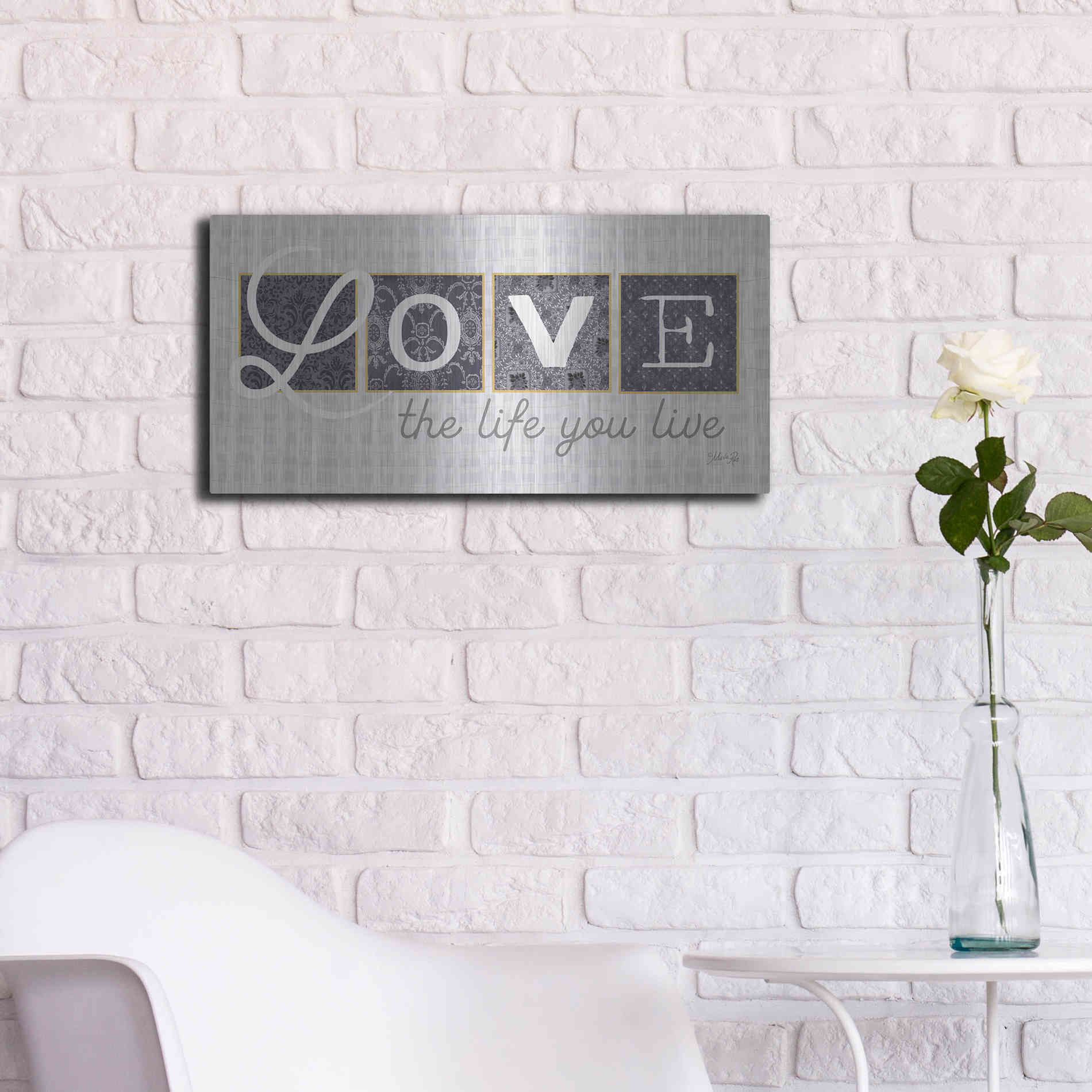 Luxe Metal Art 'Love the Life You Live in Gray' by Marla Rae, Metal Wall Art,24x12