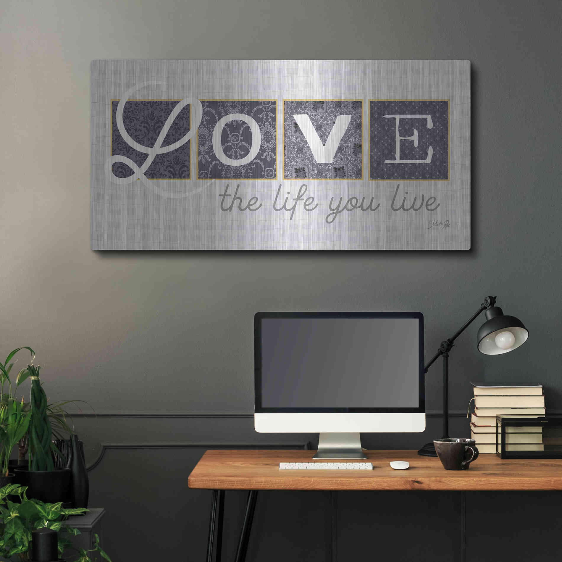 Luxe Metal Art 'Love the Life You Live in Gray' by Marla Rae, Metal Wall Art,48x24