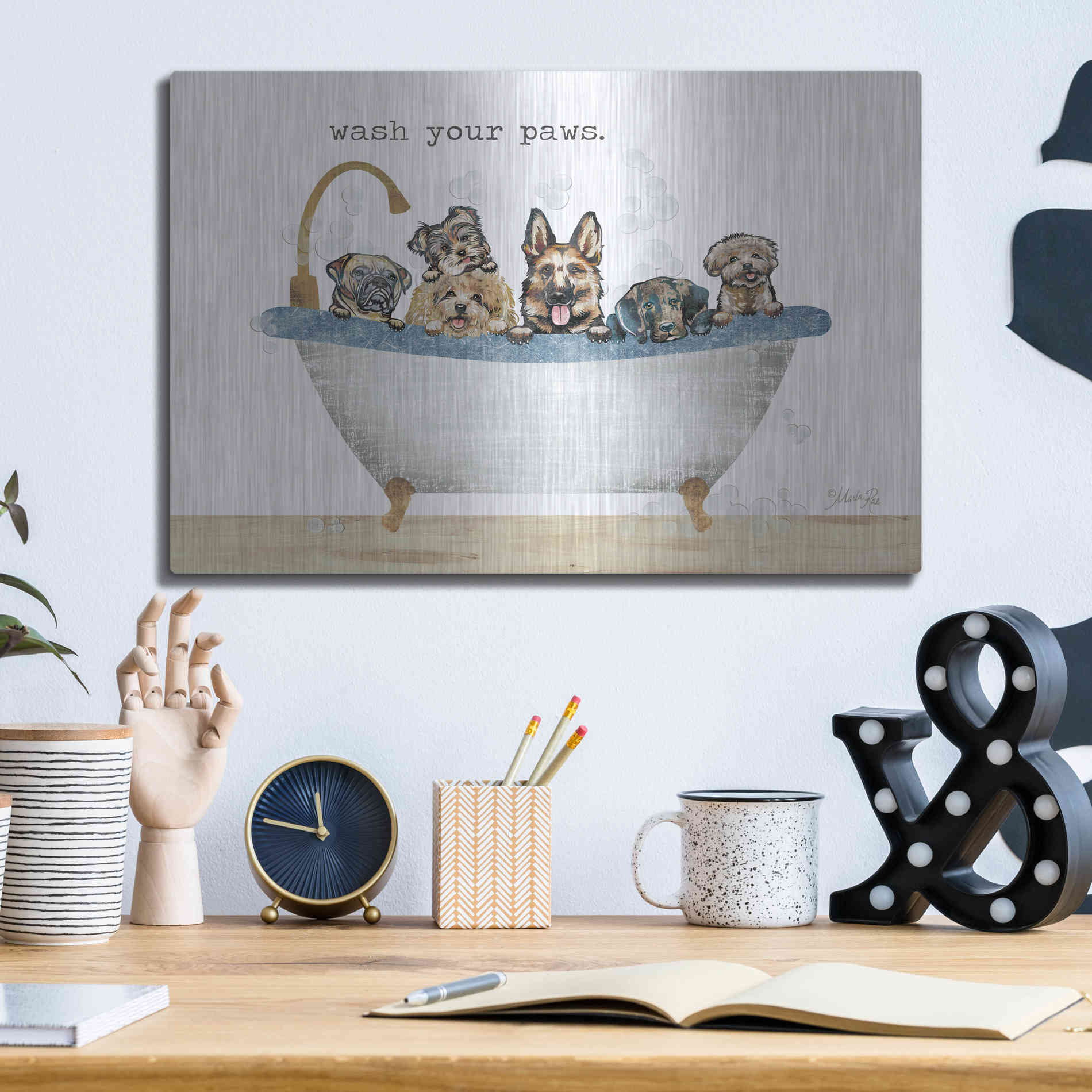 Luxe Metal Art 'Wash Your Paws' by Marla Rae, Metal Wall Art,16x12