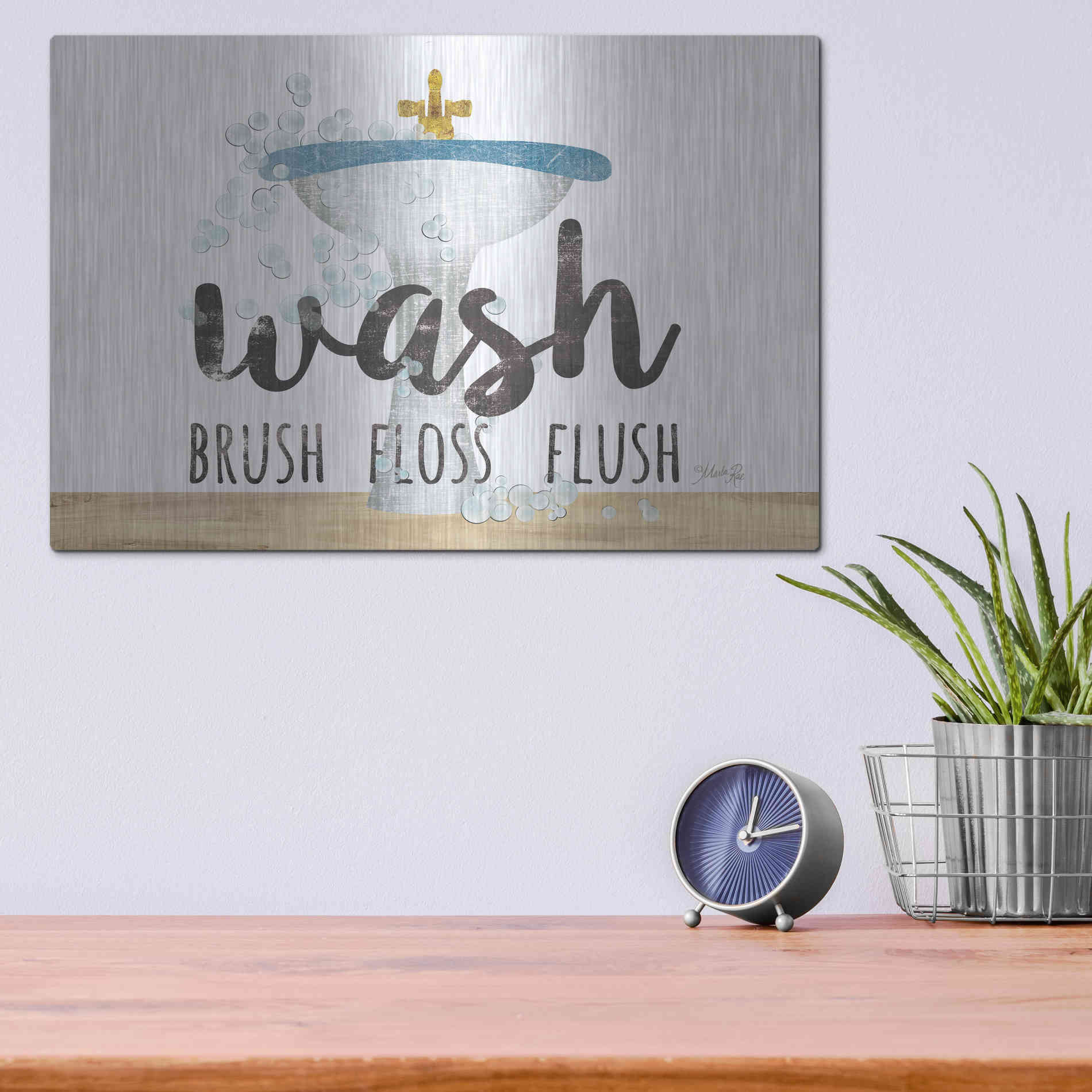 Luxe Metal Art 'Wash - Brush - Floss - Flush' by Marla Rae, Metal Wall Art,16x12