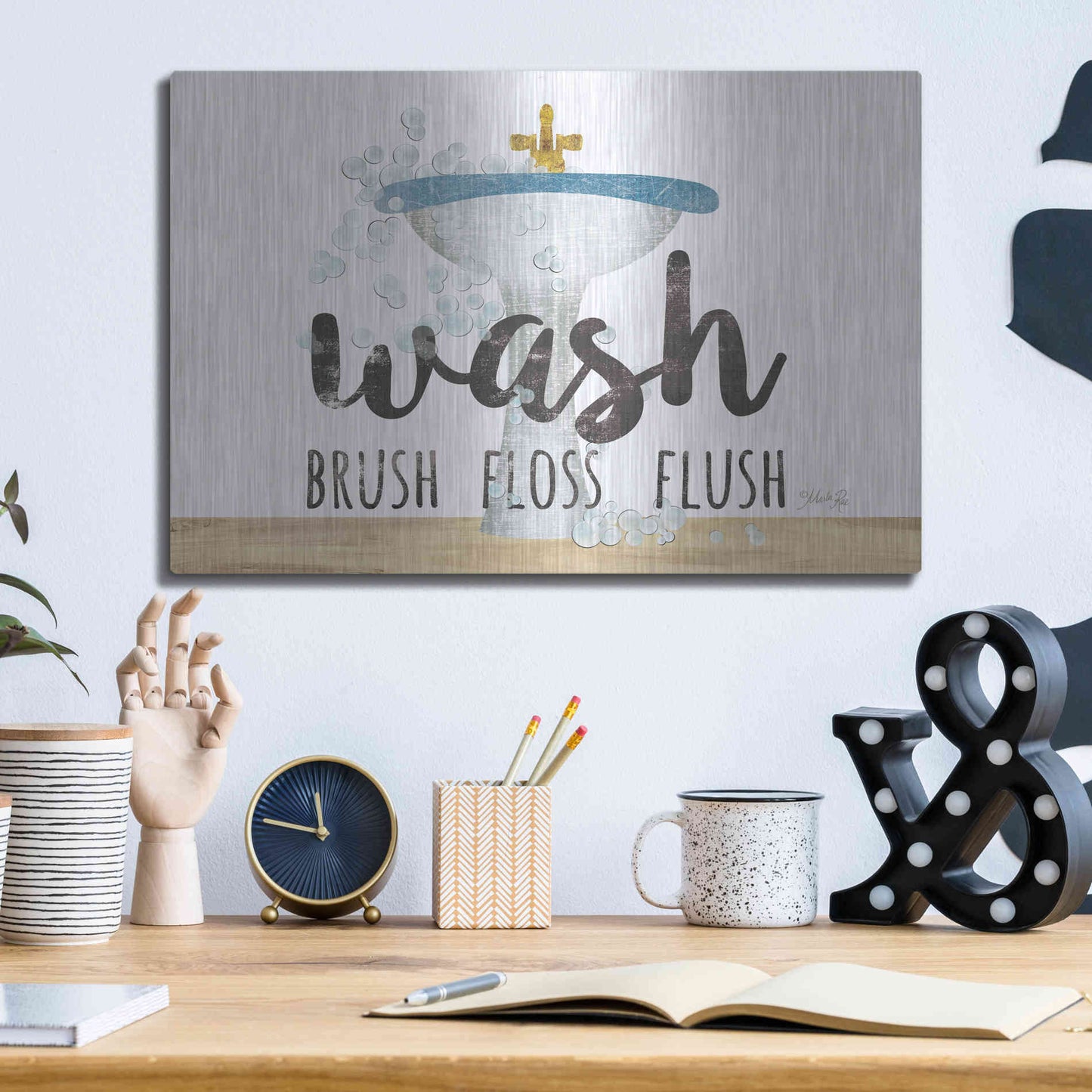 Luxe Metal Art 'Wash - Brush - Floss - Flush' by Marla Rae, Metal Wall Art,16x12