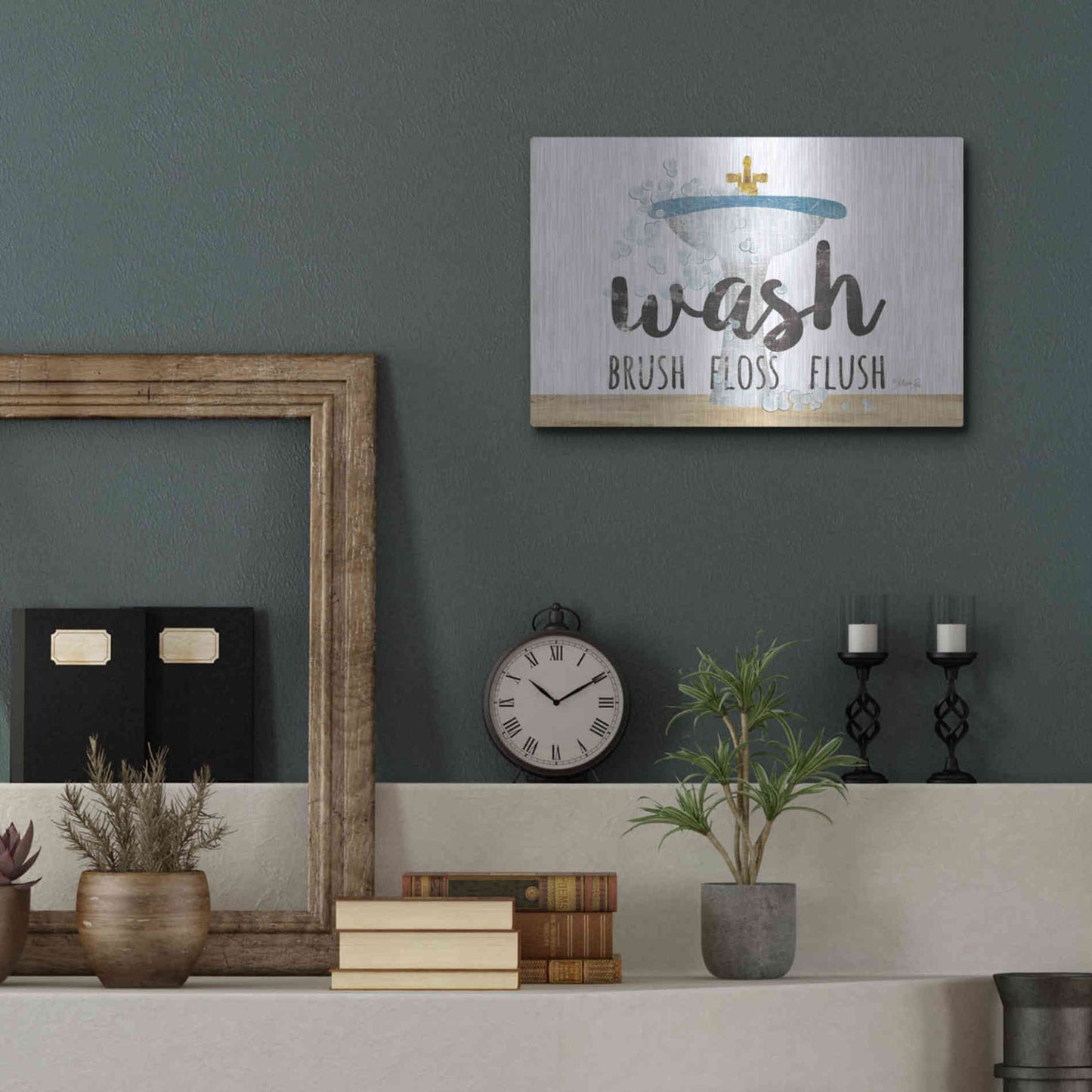 Luxe Metal Art 'Wash - Brush - Floss - Flush' by Marla Rae, Metal Wall Art,16x12