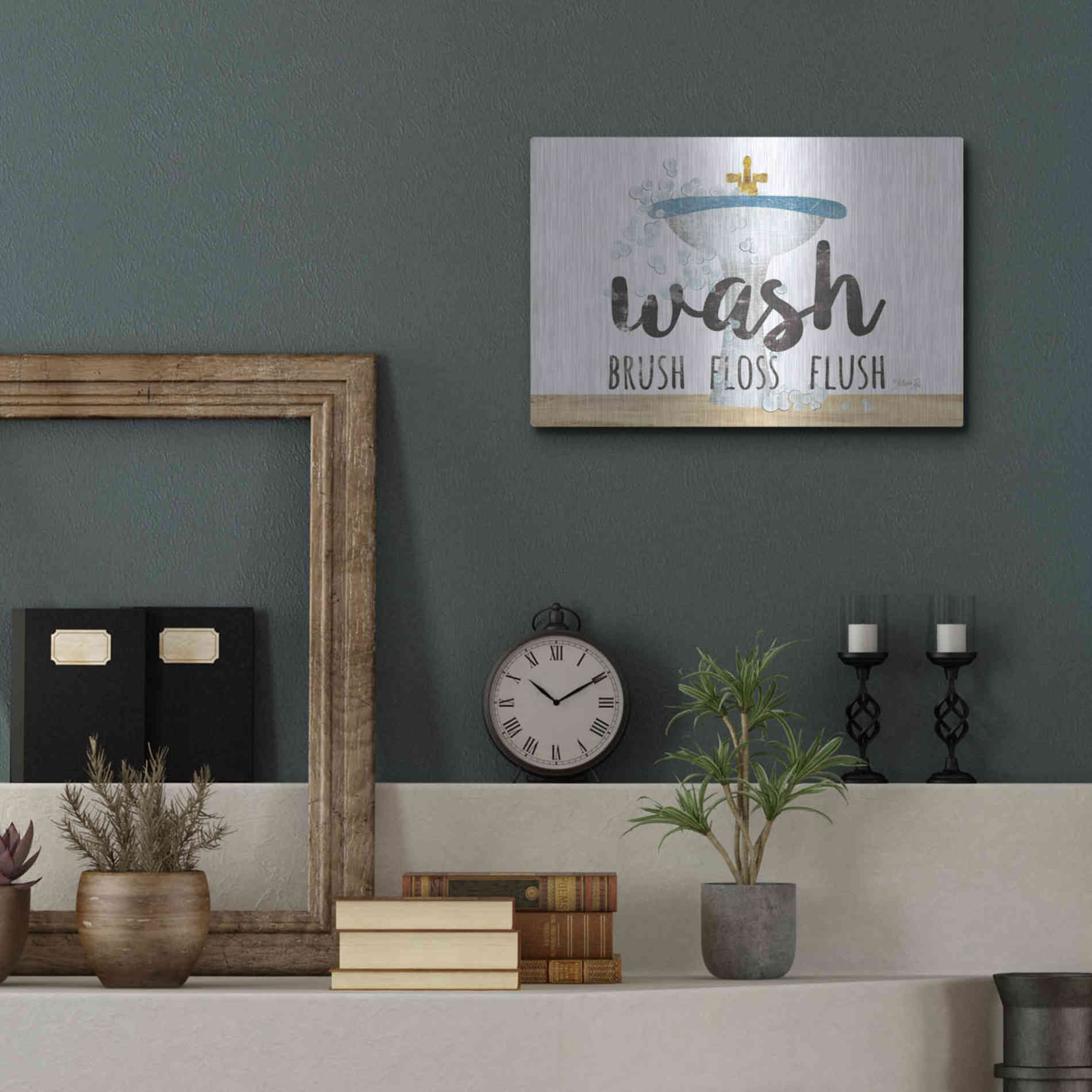 Luxe Metal Art 'Wash - Brush - Floss - Flush' by Marla Rae, Metal Wall Art,16x12