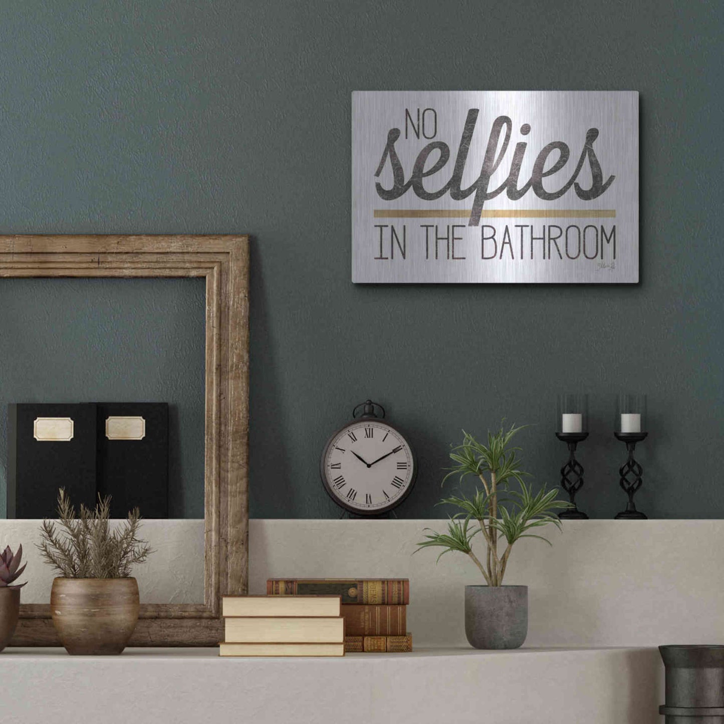 Luxe Metal Art 'No Selfies in the Bathroom' by Marla Rae, Metal Wall Art,16x12