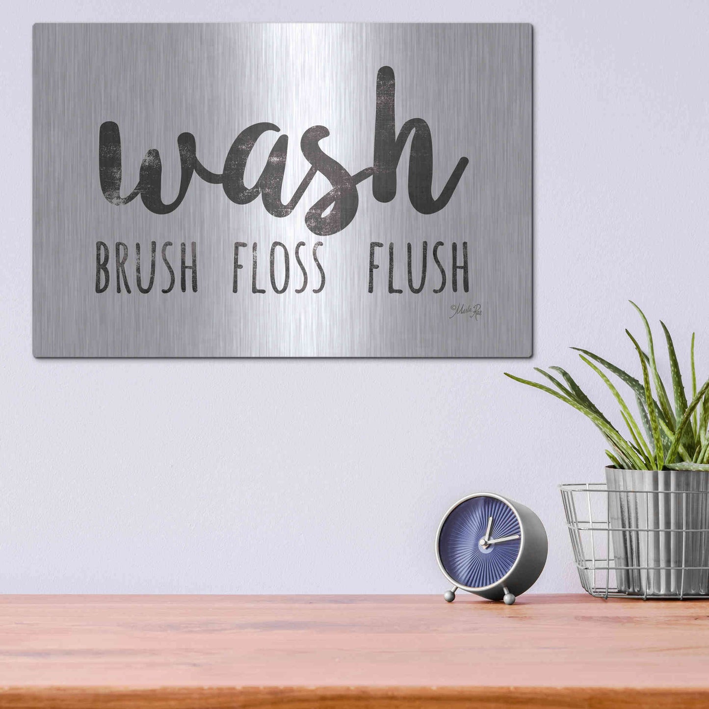 Luxe Metal Art 'Wash - Brush - Floss - Flush Sign' by Marla Rae, Metal Wall Art,16x12
