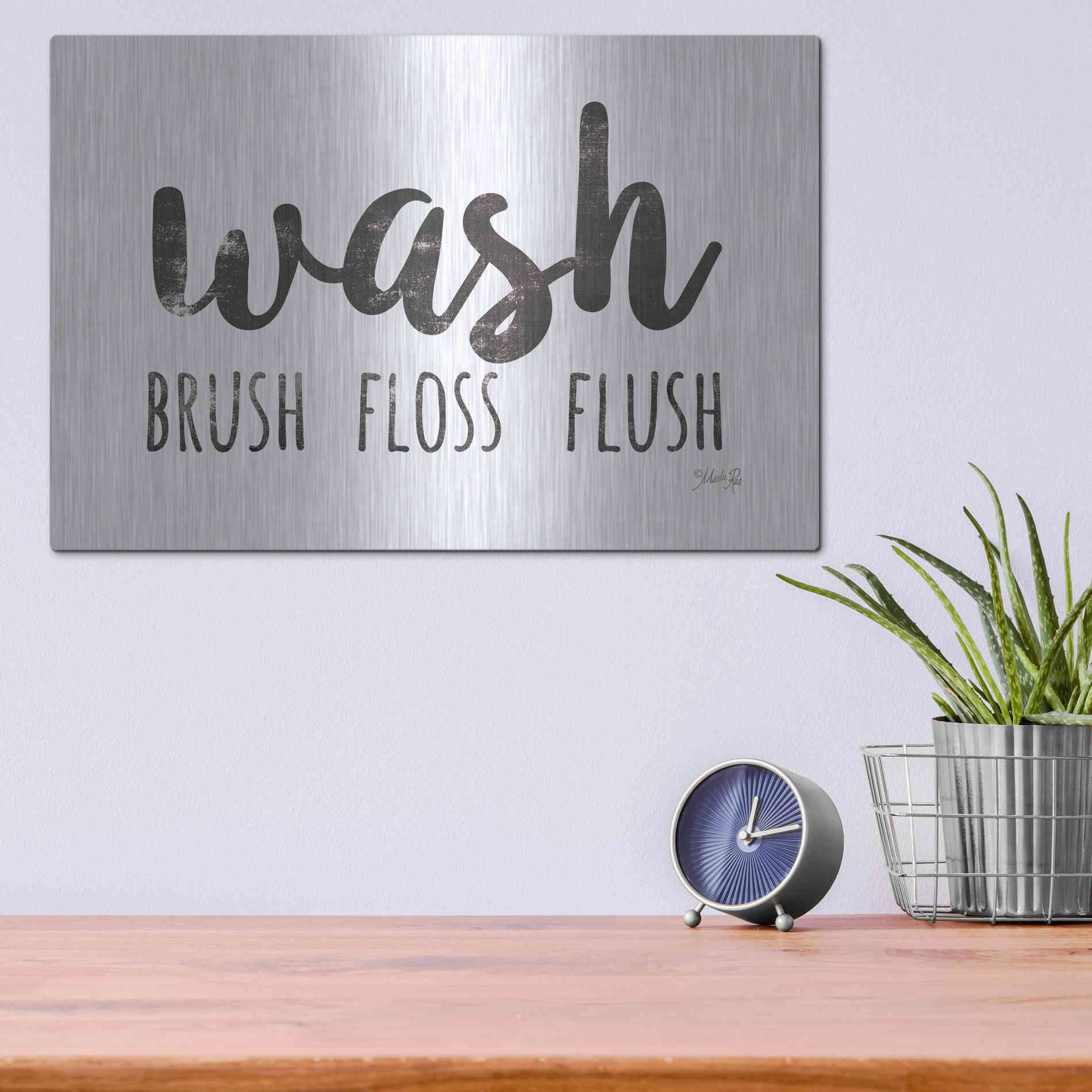 Luxe Metal Art 'Wash - Brush - Floss - Flush Sign' by Marla Rae, Metal Wall Art,16x12