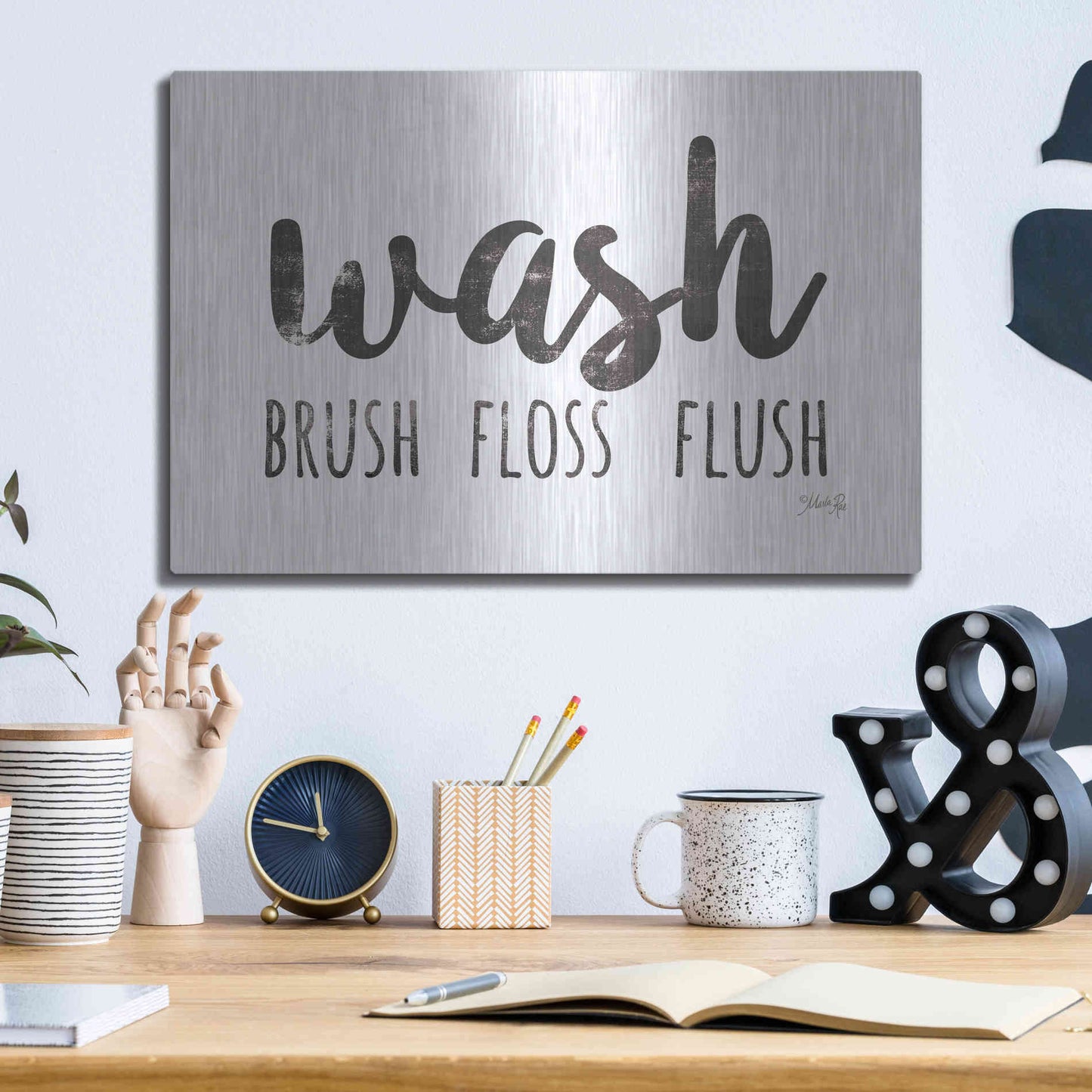 Luxe Metal Art 'Wash - Brush - Floss - Flush Sign' by Marla Rae, Metal Wall Art,16x12