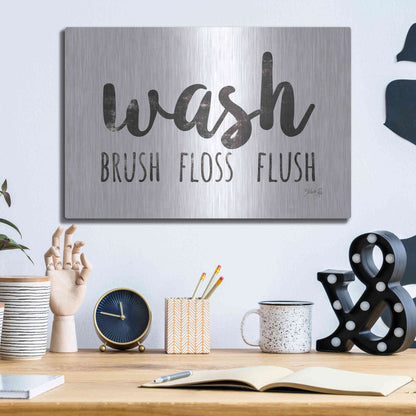 Luxe Metal Art 'Wash - Brush - Floss - Flush Sign' by Marla Rae, Metal Wall Art,16x12
