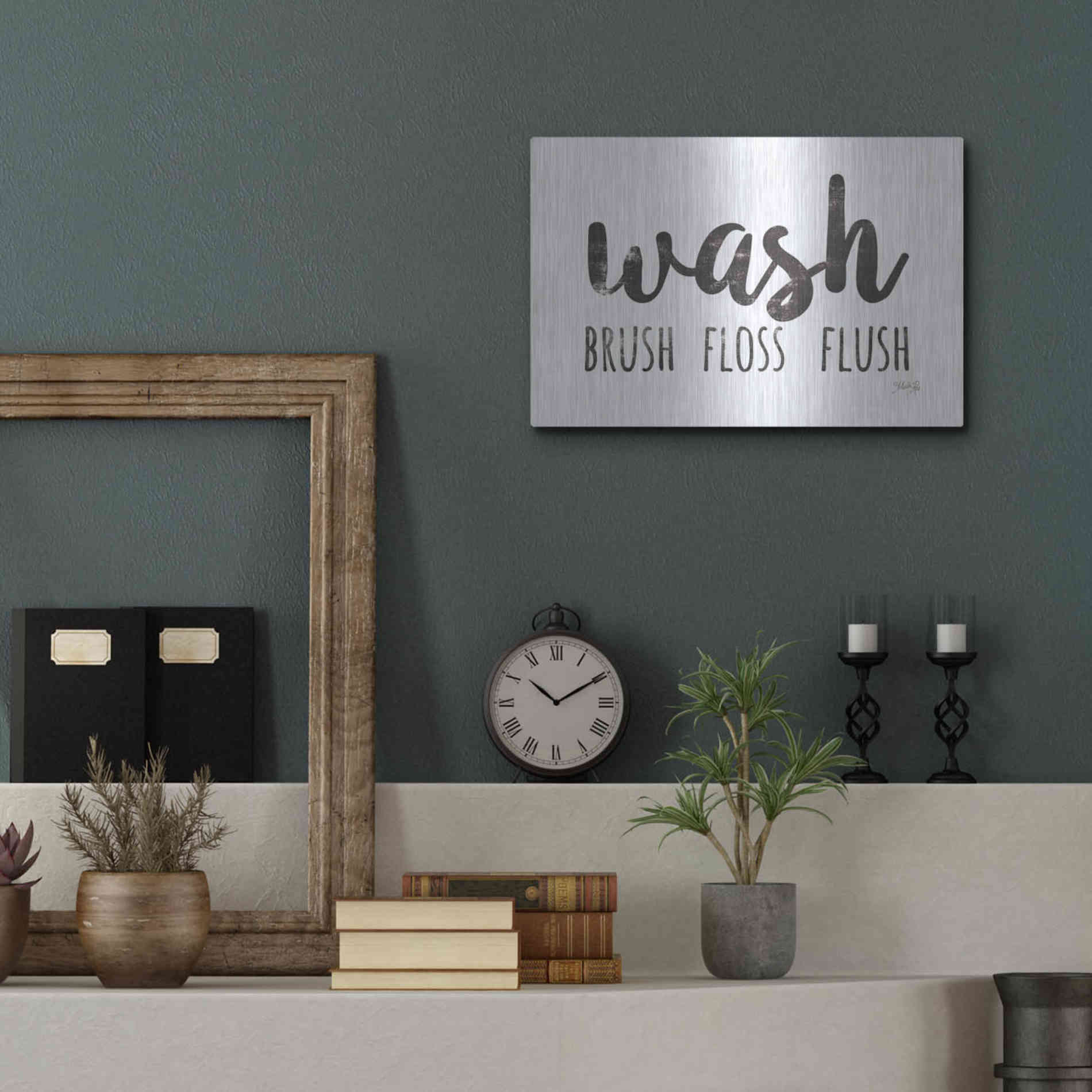 Luxe Metal Art 'Wash - Brush - Floss - Flush Sign' by Marla Rae, Metal Wall Art,16x12