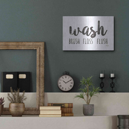 Luxe Metal Art 'Wash - Brush - Floss - Flush Sign' by Marla Rae, Metal Wall Art,16x12