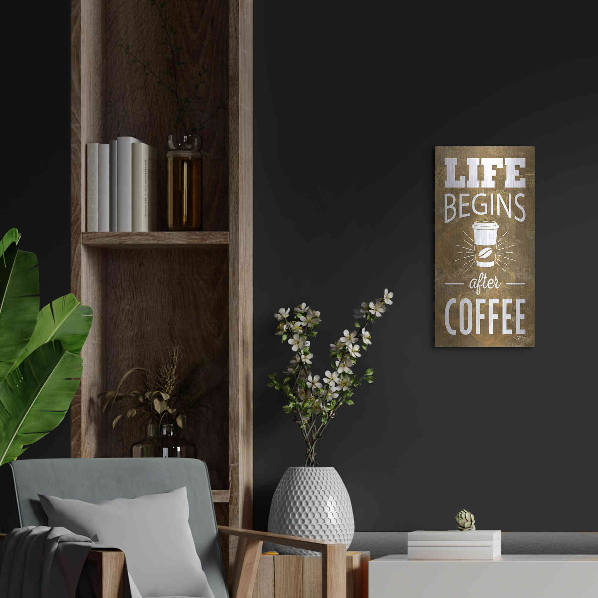 Luxe Metal Art 'Life Begins After Coffee' by Marla Rae, Metal Wall Art,12x24