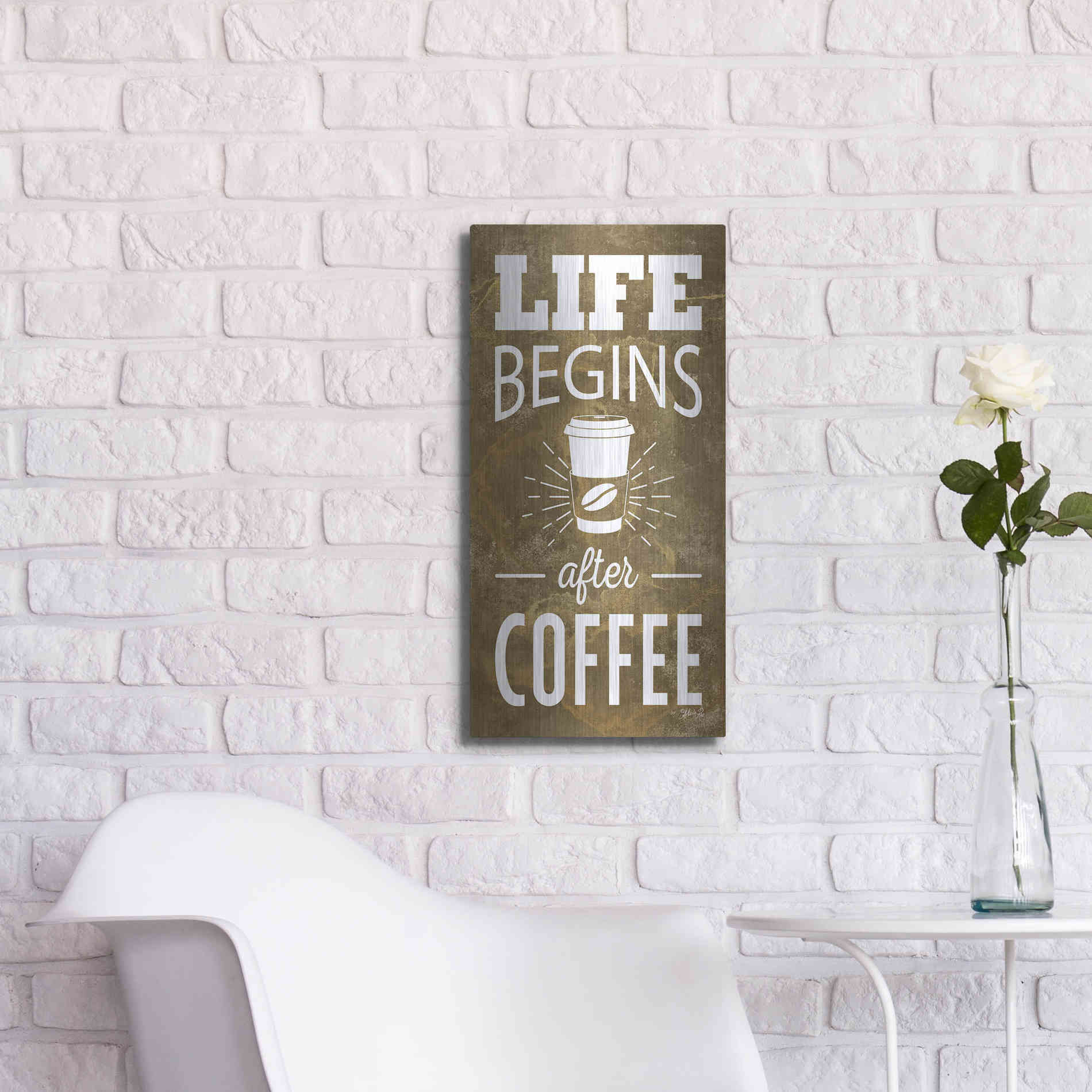 Luxe Metal Art 'Life Begins After Coffee' by Marla Rae, Metal Wall Art,12x24