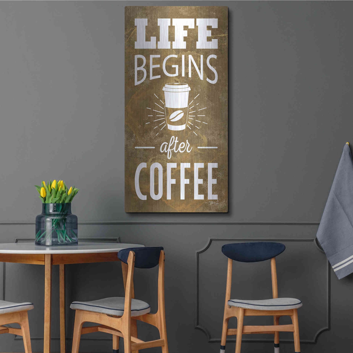 Luxe Metal Art 'Life Begins After Coffee' by Marla Rae, Metal Wall Art,24x48