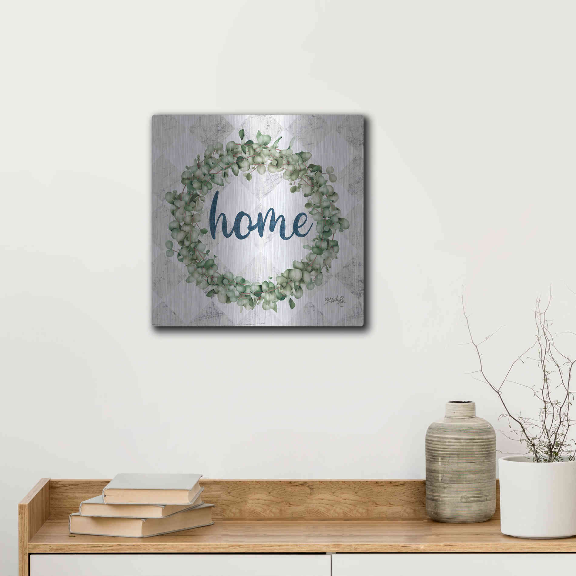 Luxe Metal Art 'Home Eucalyptus Wreath' by Marla Rae, Metal Wall Art,12x12