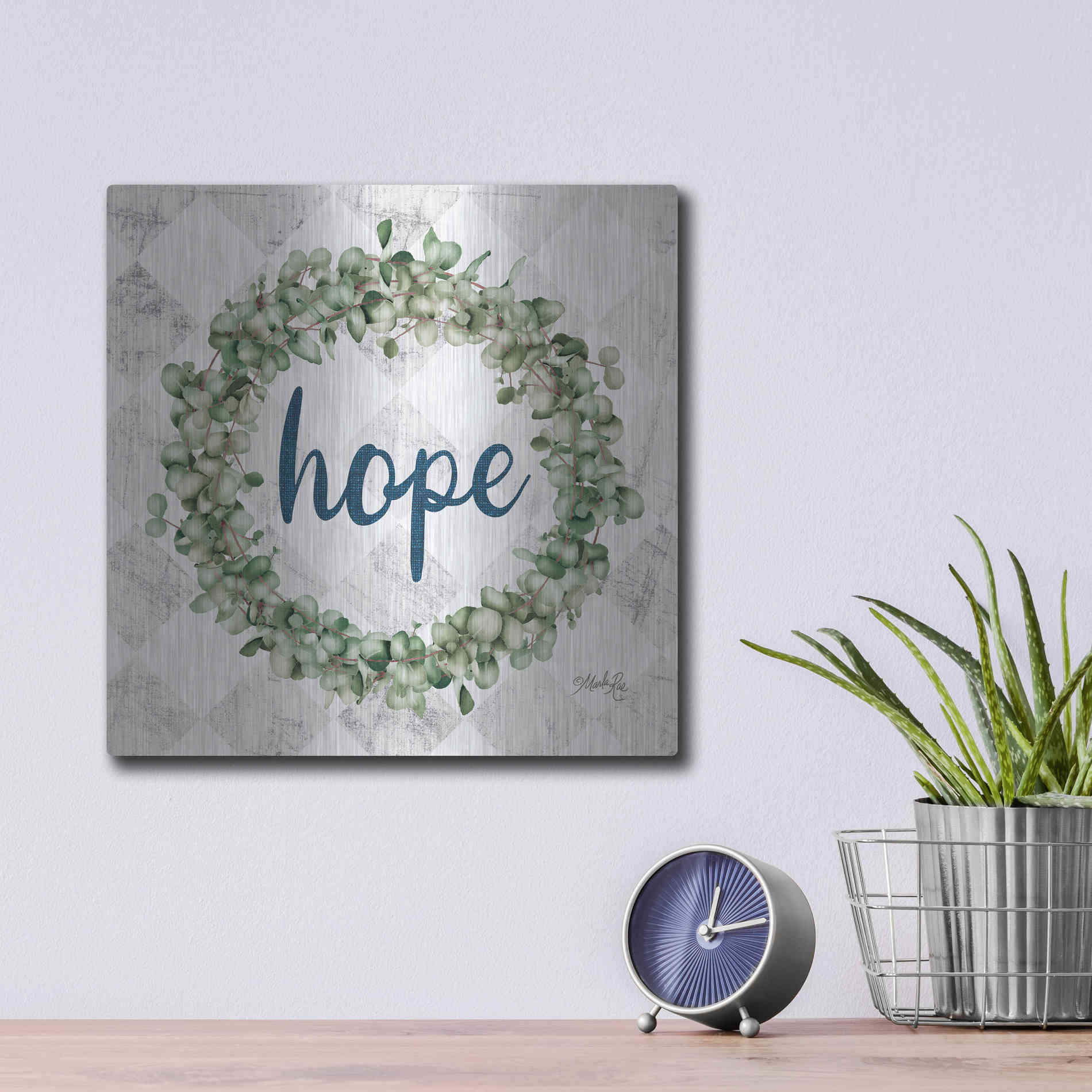 Luxe Metal Art 'Hope Eucalyptus Wreath' by Marla Rae, Metal Wall Art,12x12
