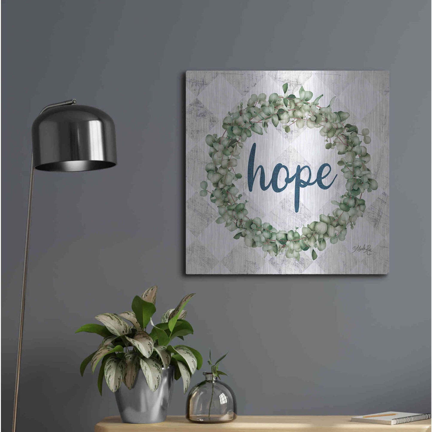 Luxe Metal Art 'Hope Eucalyptus Wreath' by Marla Rae, Metal Wall Art,24x24