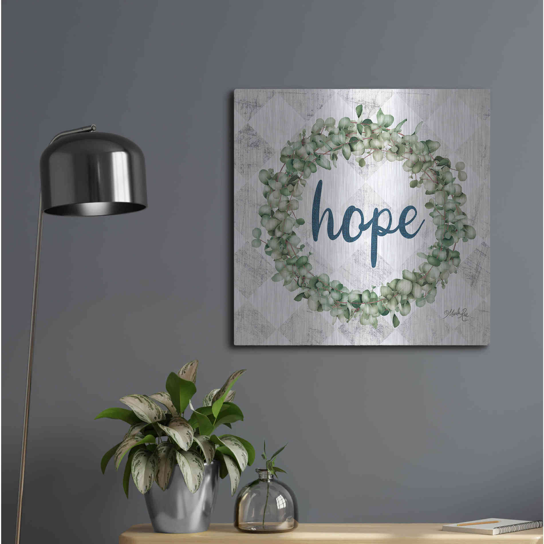 Luxe Metal Art 'Hope Eucalyptus Wreath' by Marla Rae, Metal Wall Art,24x24