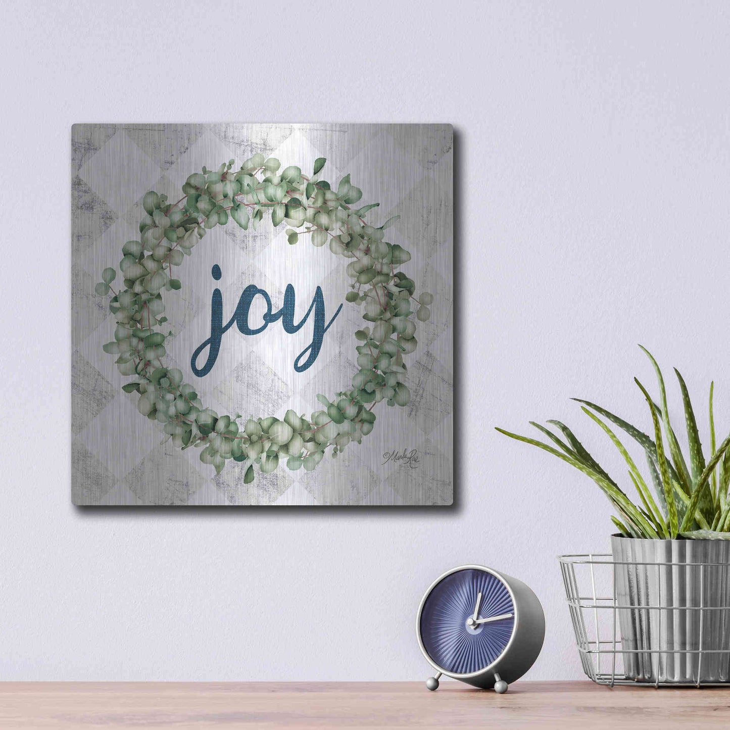 Luxe Metal Art 'Joy Eucalyptus Wreath' by Marla Rae, Metal Wall Art,12x12