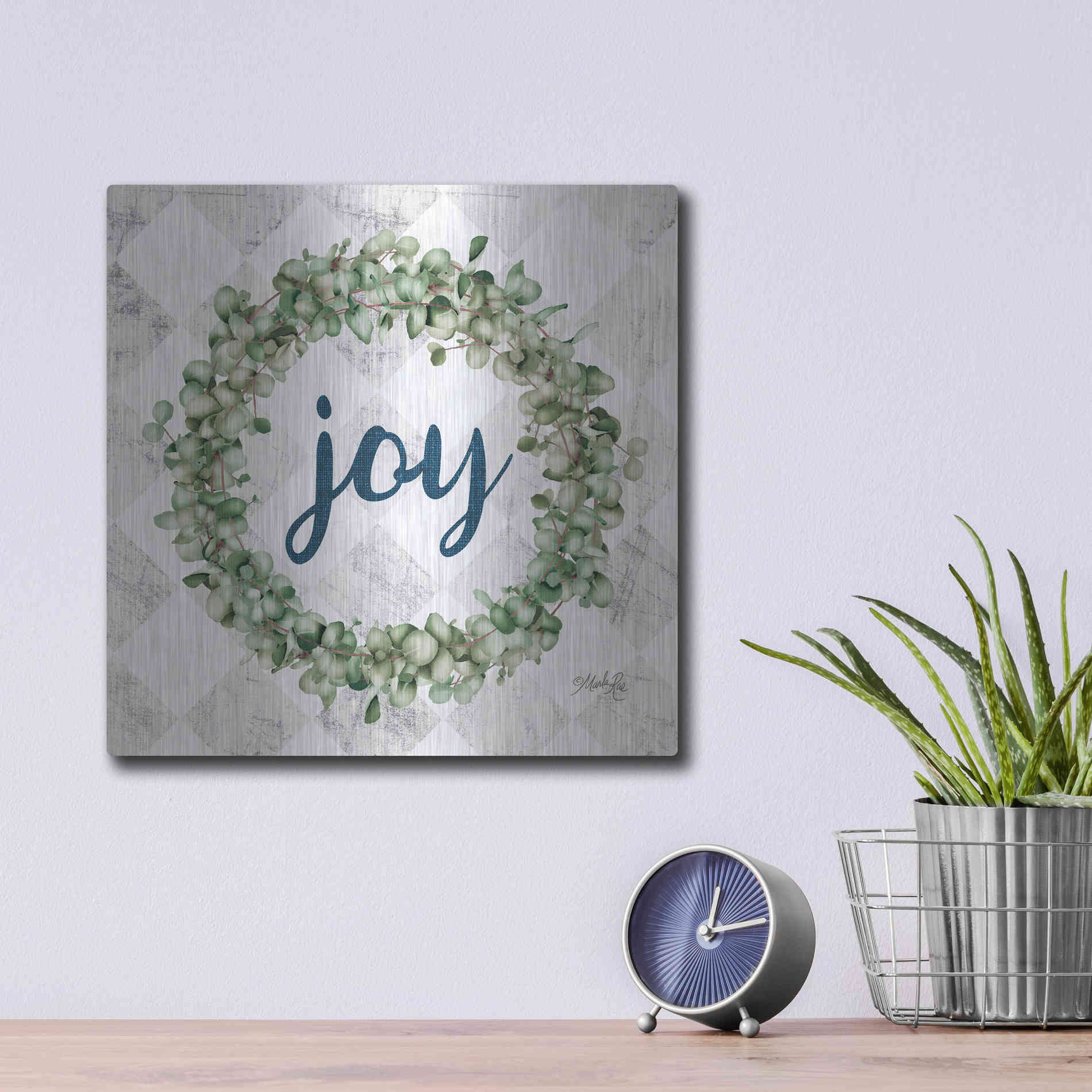 Luxe Metal Art 'Joy Eucalyptus Wreath' by Marla Rae, Metal Wall Art,12x12