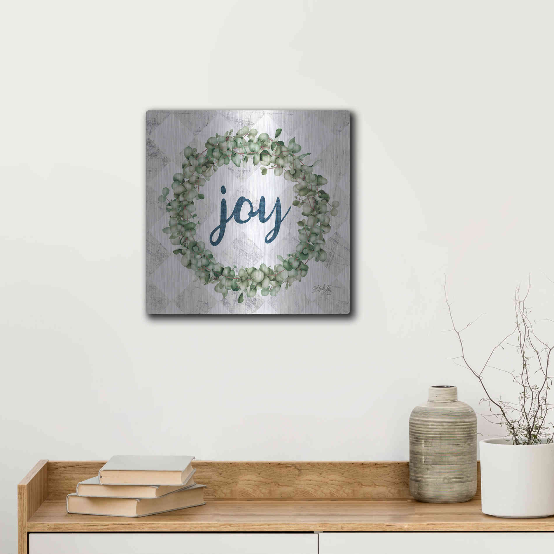Luxe Metal Art 'Joy Eucalyptus Wreath' by Marla Rae, Metal Wall Art,12x12