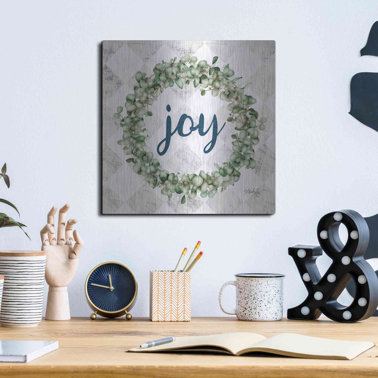 Luxe Metal Art 'Joy Eucalyptus Wreath' by Marla Rae, Metal Wall Art,12x12