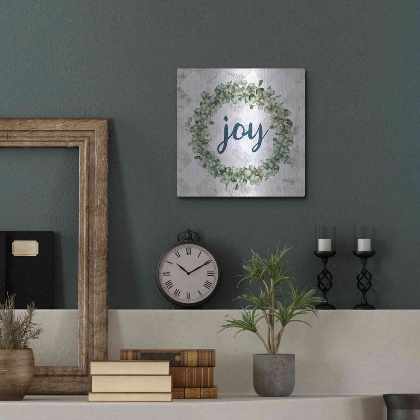 Luxe Metal Art 'Joy Eucalyptus Wreath' by Marla Rae, Metal Wall Art,12x12