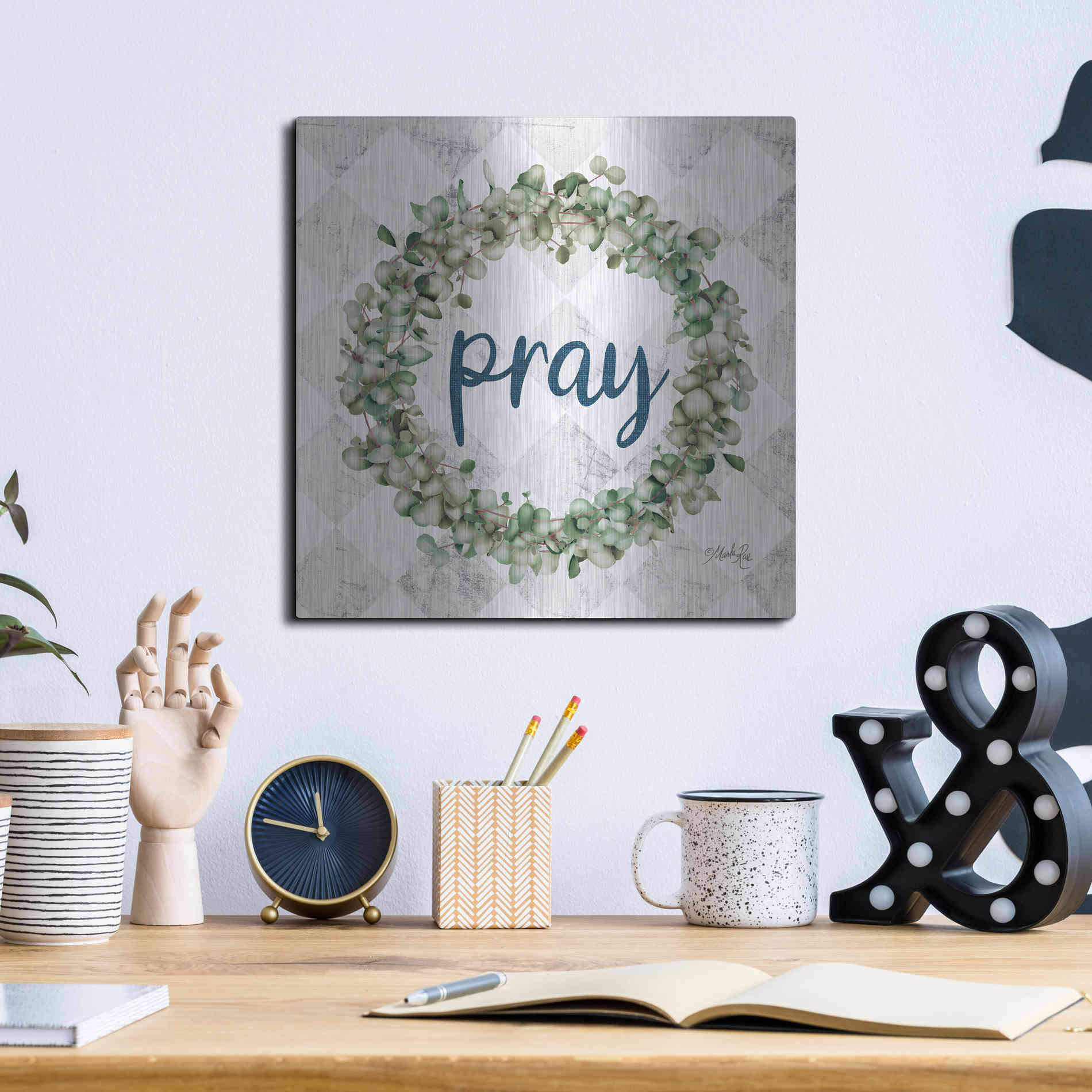 Luxe Metal Art 'Pray Eucalyptus Wreath' by Marla Rae, Metal Wall Art,12x12