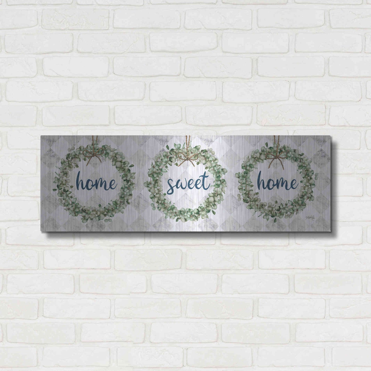 Luxe Metal Art 'Home Sweet Home Eucalyptus Wreaths' by Marla Rae, Metal Wall Art,36x12