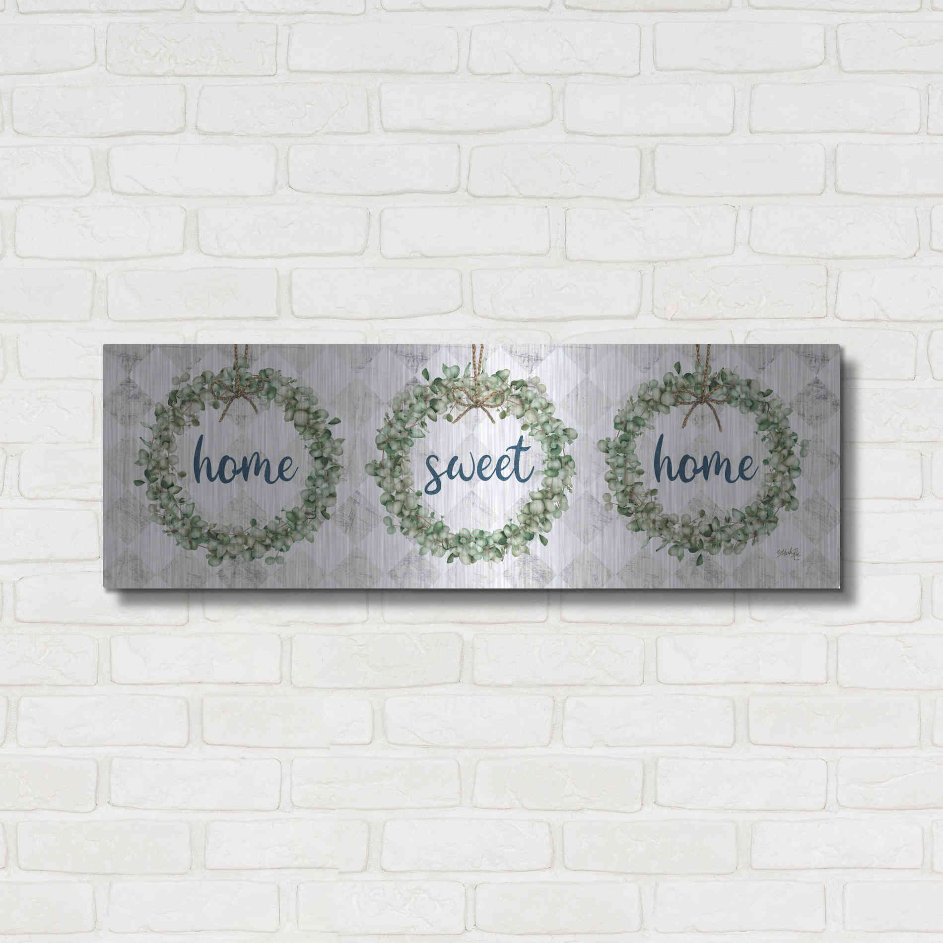 Luxe Metal Art 'Home Sweet Home Eucalyptus Wreaths' by Marla Rae, Metal Wall Art,36x12