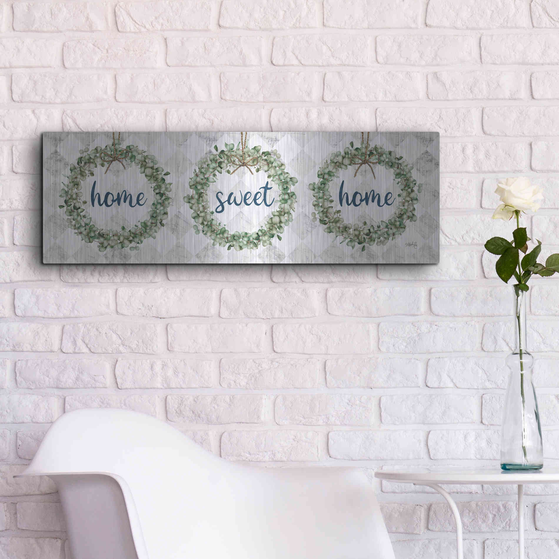 Luxe Metal Art 'Home Sweet Home Eucalyptus Wreaths' by Marla Rae, Metal Wall Art,36x12