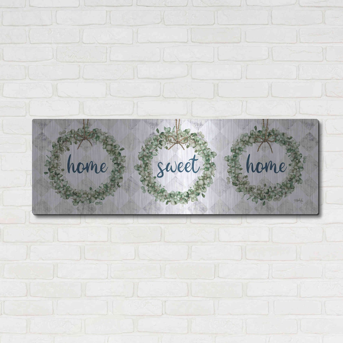 Luxe Metal Art 'Home Sweet Home Eucalyptus Wreaths' by Marla Rae, Metal Wall Art,48x16