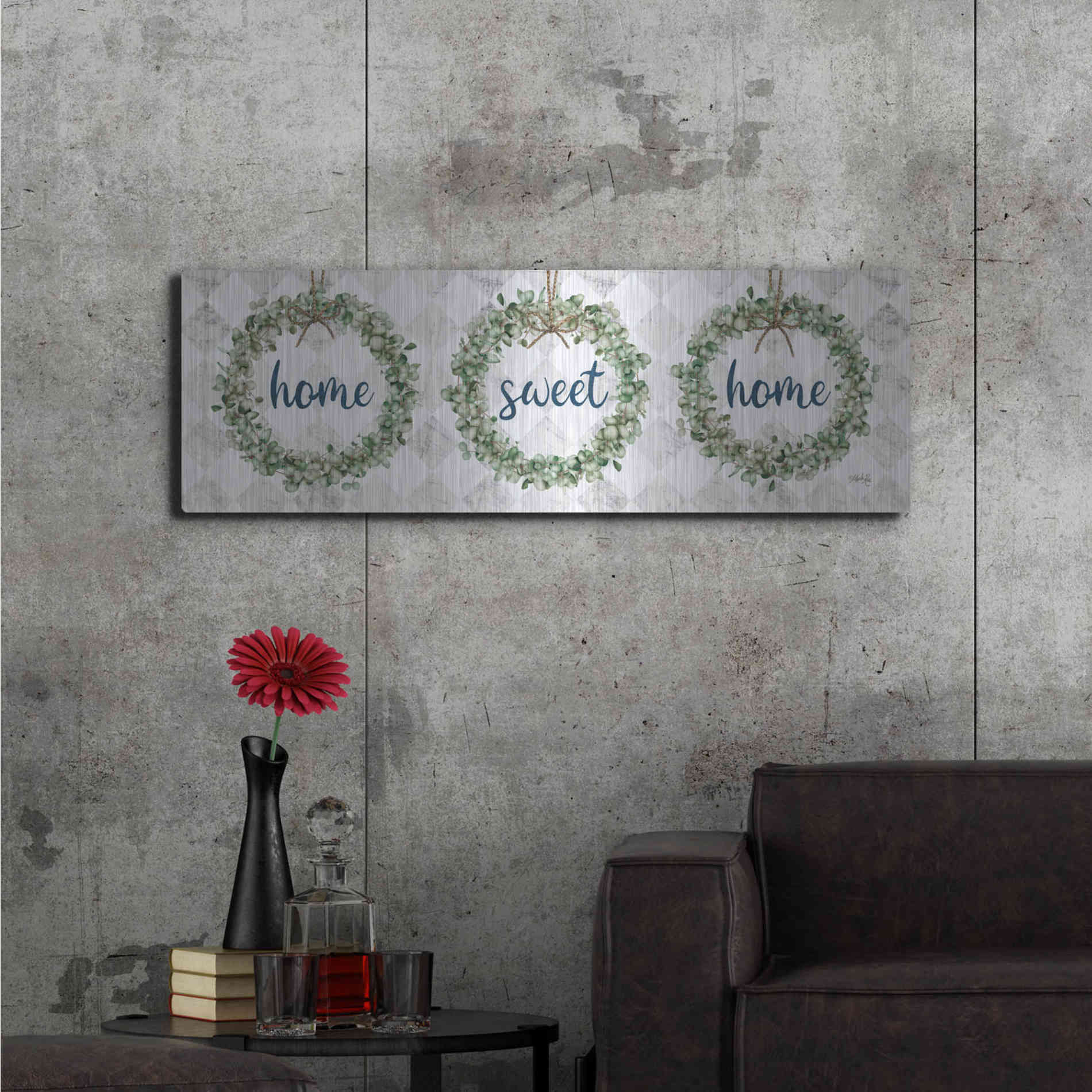 Luxe Metal Art 'Home Sweet Home Eucalyptus Wreaths' by Marla Rae, Metal Wall Art,48x16