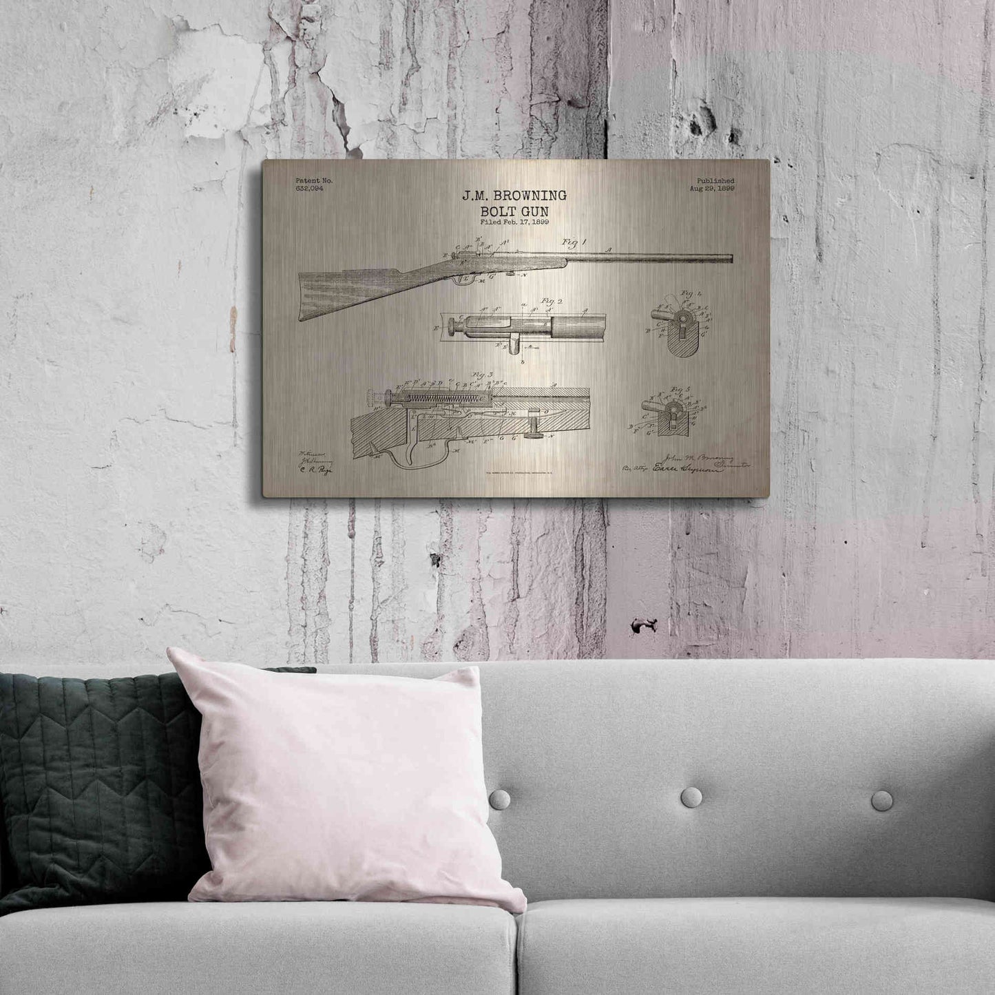 Luxe Metal Art 'Rifle Blueprint Patent Parchment' Metal Wall Art,36x24
