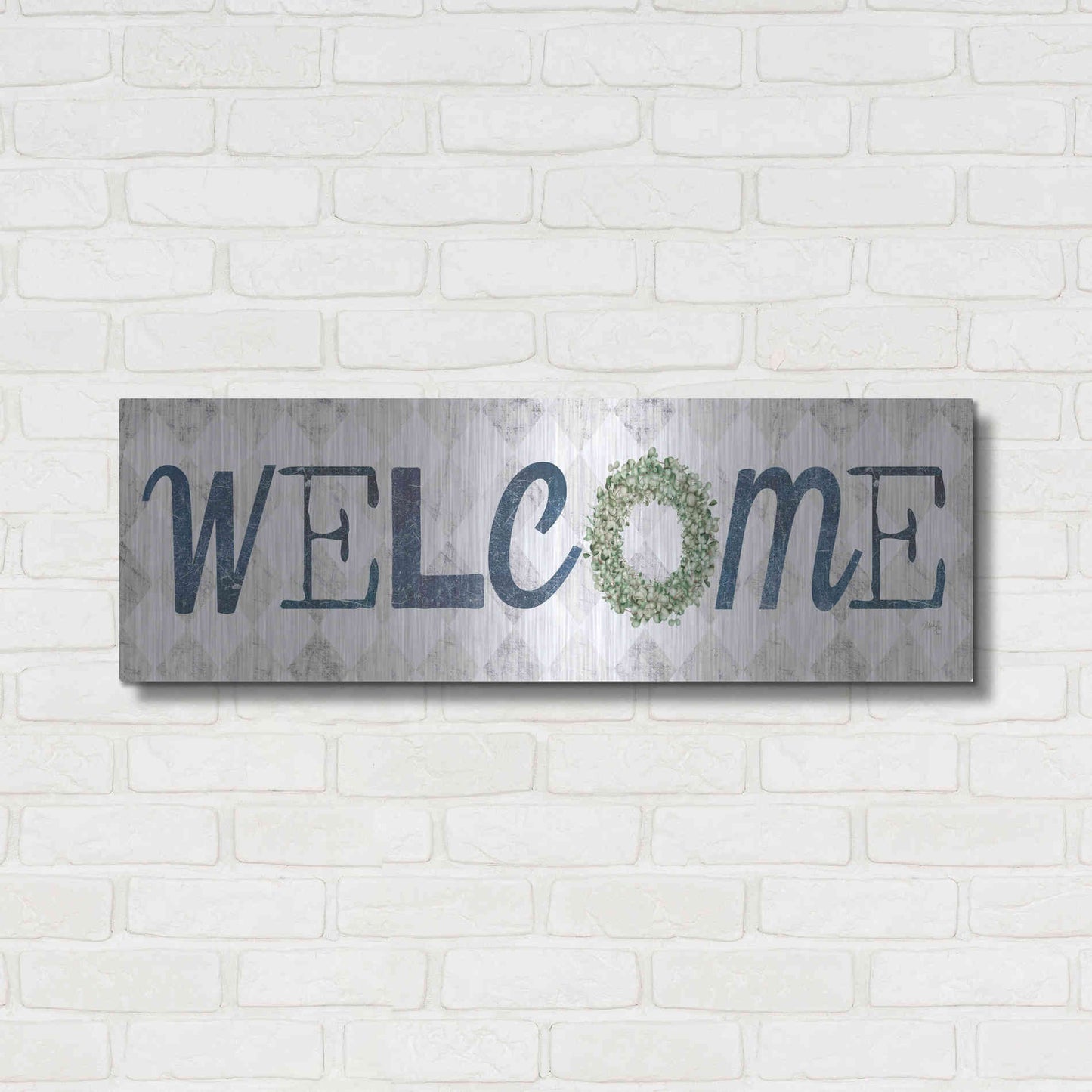 Luxe Metal Art 'Welcome with Eucalyptus Wreath I' by Marla Rae, Metal Wall Art,36x12