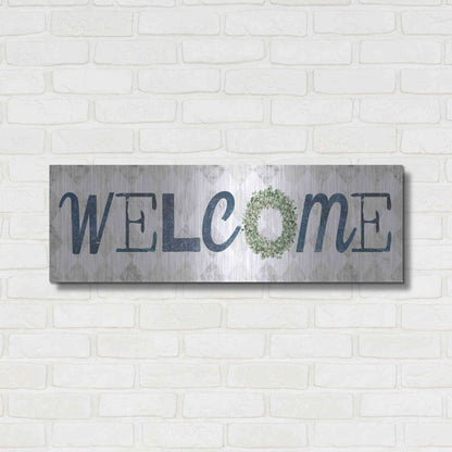 Luxe Metal Art 'Welcome with Eucalyptus Wreath I' by Marla Rae, Metal Wall Art,36x12