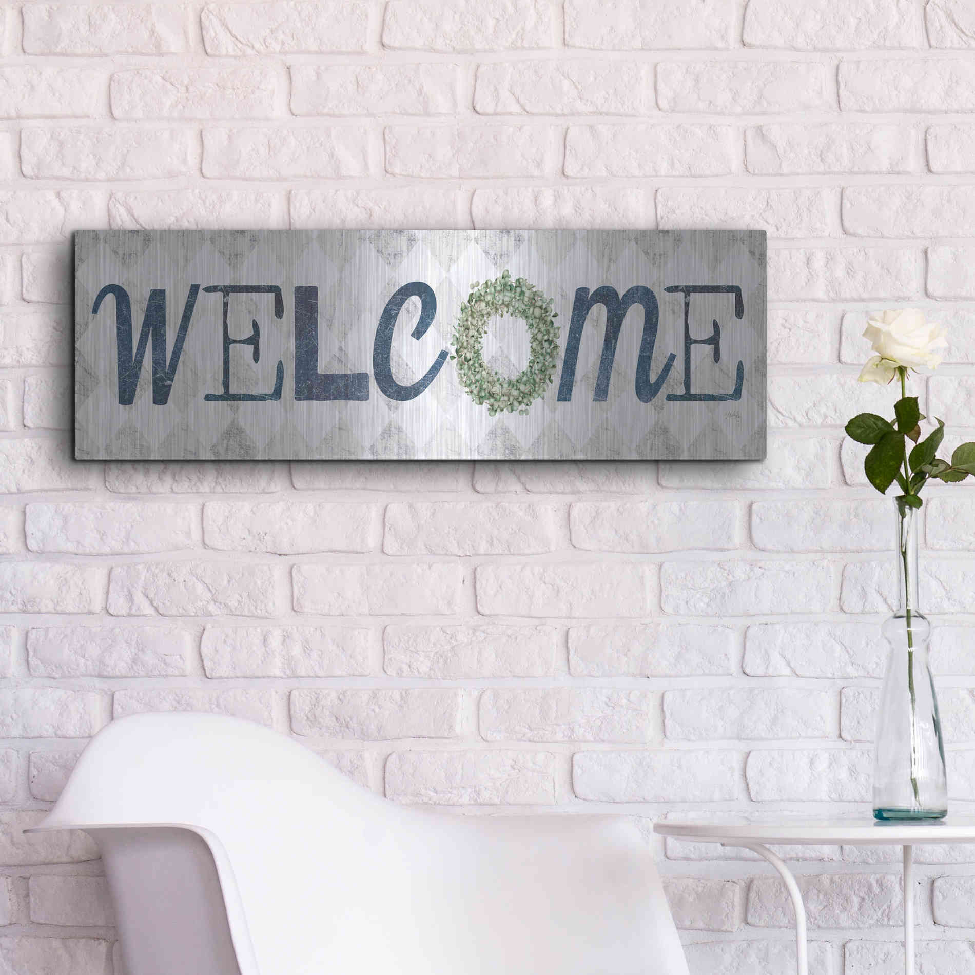 Luxe Metal Art 'Welcome with Eucalyptus Wreath I' by Marla Rae, Metal Wall Art,36x12