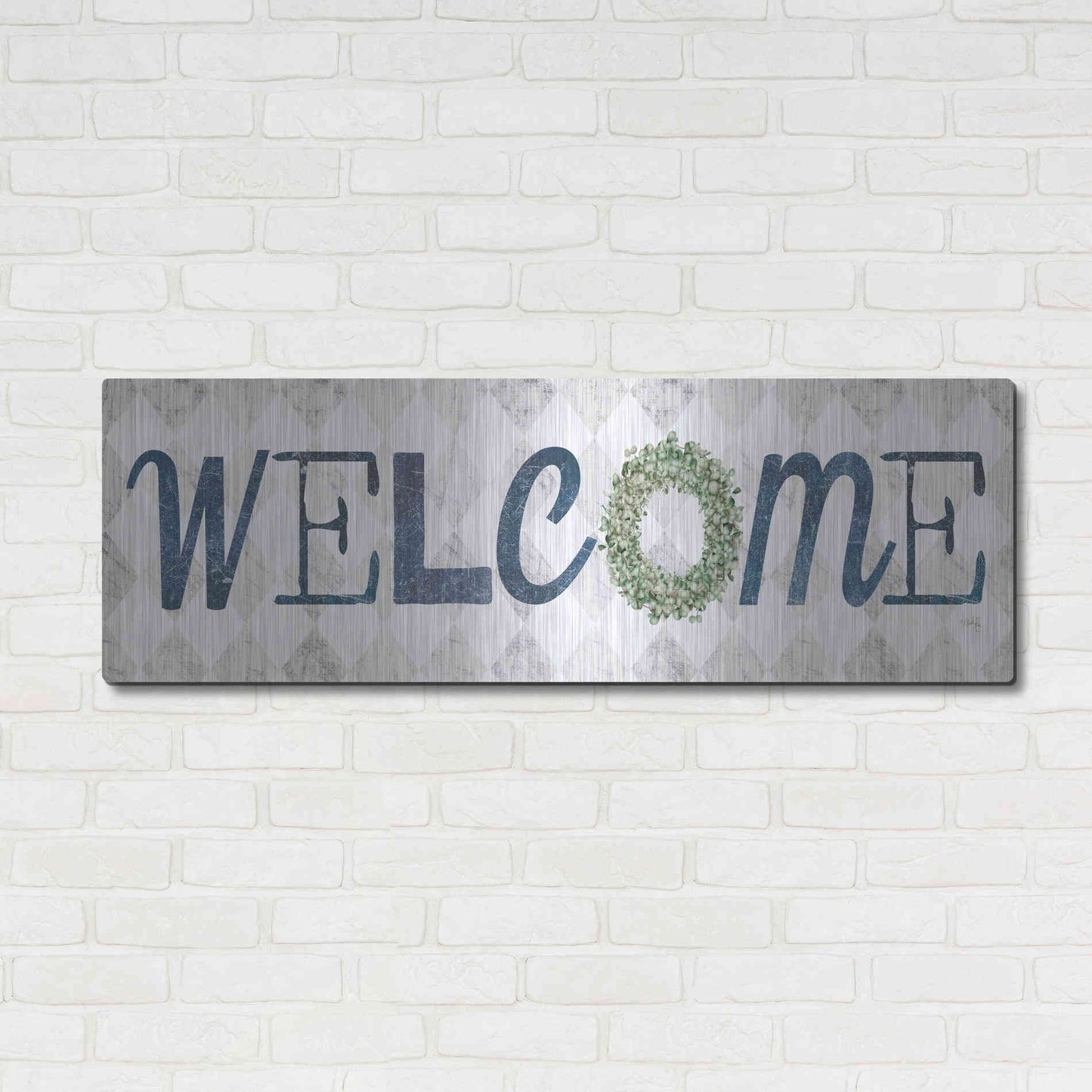 Luxe Metal Art 'Welcome with Eucalyptus Wreath I' by Marla Rae, Metal Wall Art,48x16