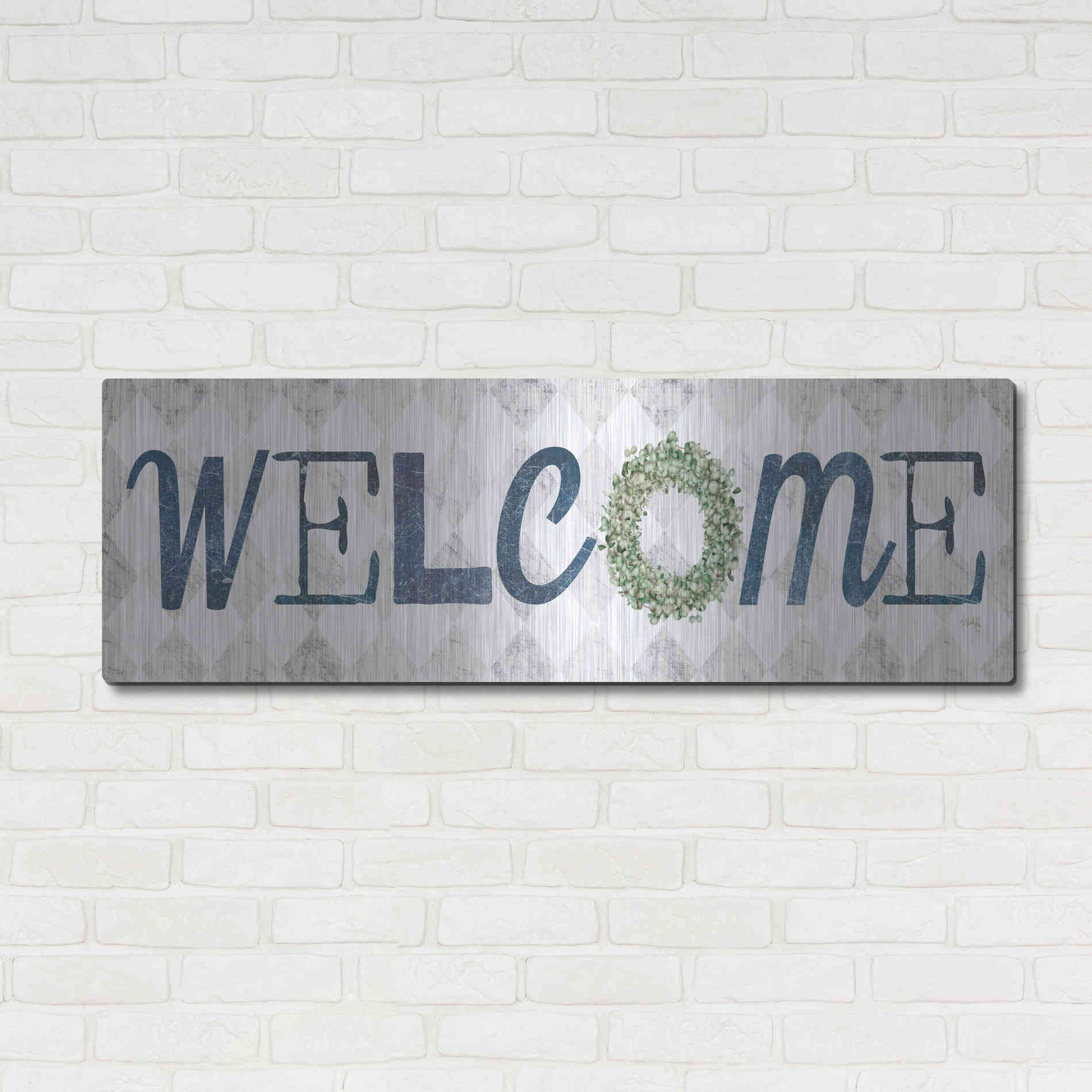 Luxe Metal Art 'Welcome with Eucalyptus Wreath I' by Marla Rae, Metal Wall Art,48x16