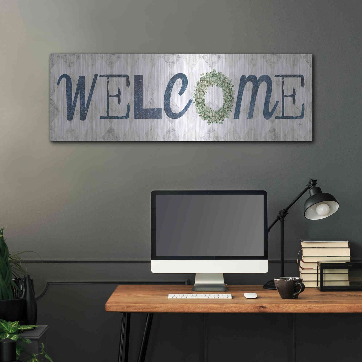 Luxe Metal Art 'Welcome with Eucalyptus Wreath I' by Marla Rae, Metal Wall Art,48x16