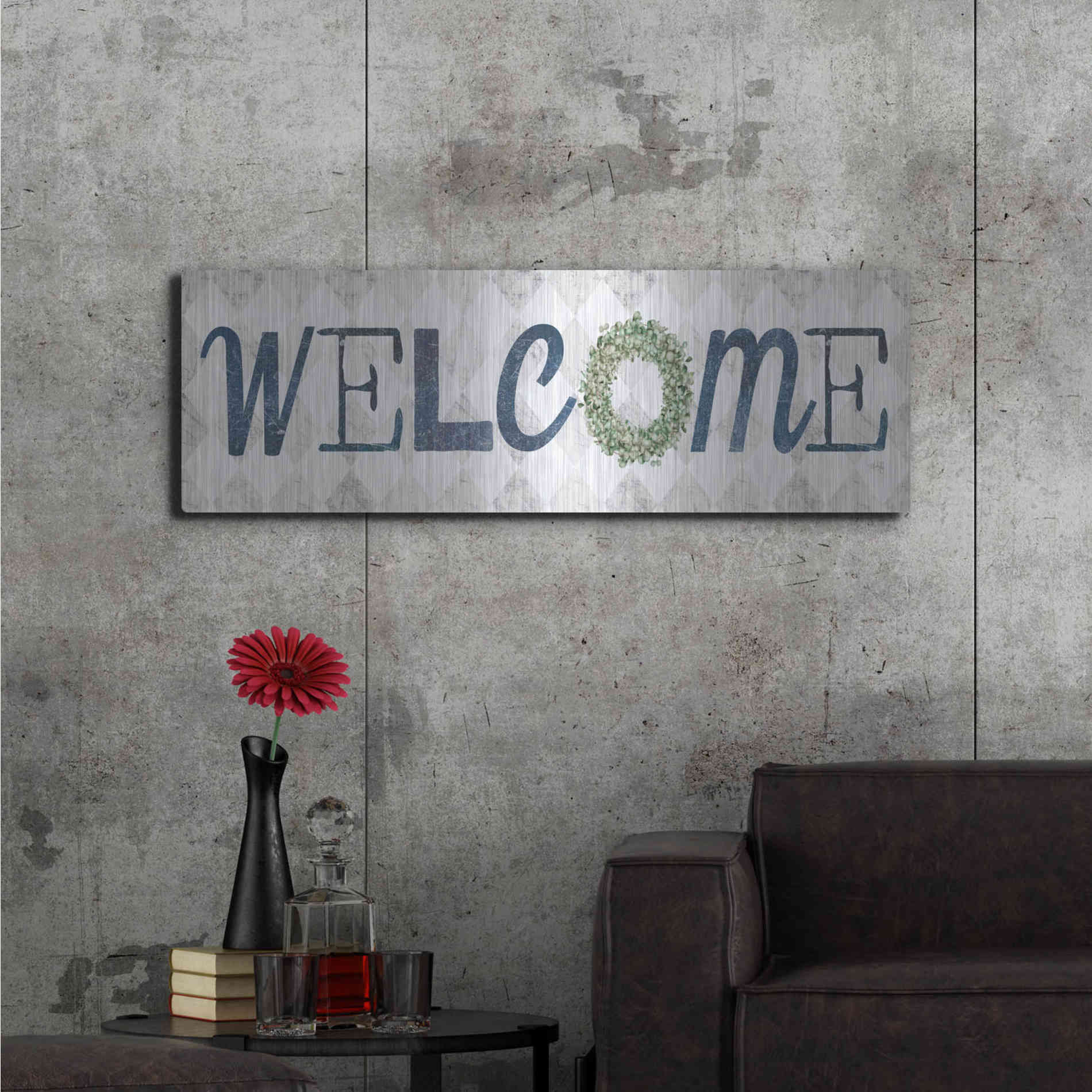 Luxe Metal Art 'Welcome with Eucalyptus Wreath I' by Marla Rae, Metal Wall Art,48x16